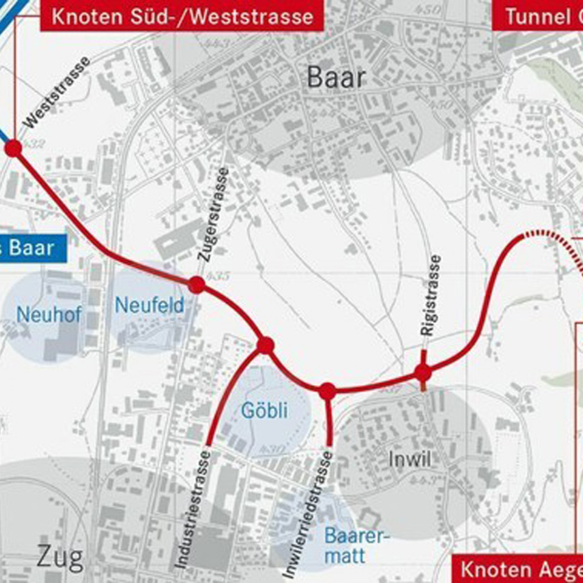 Die geplante Linienführung der Tangente Zug/Baar (www.zg.ch)