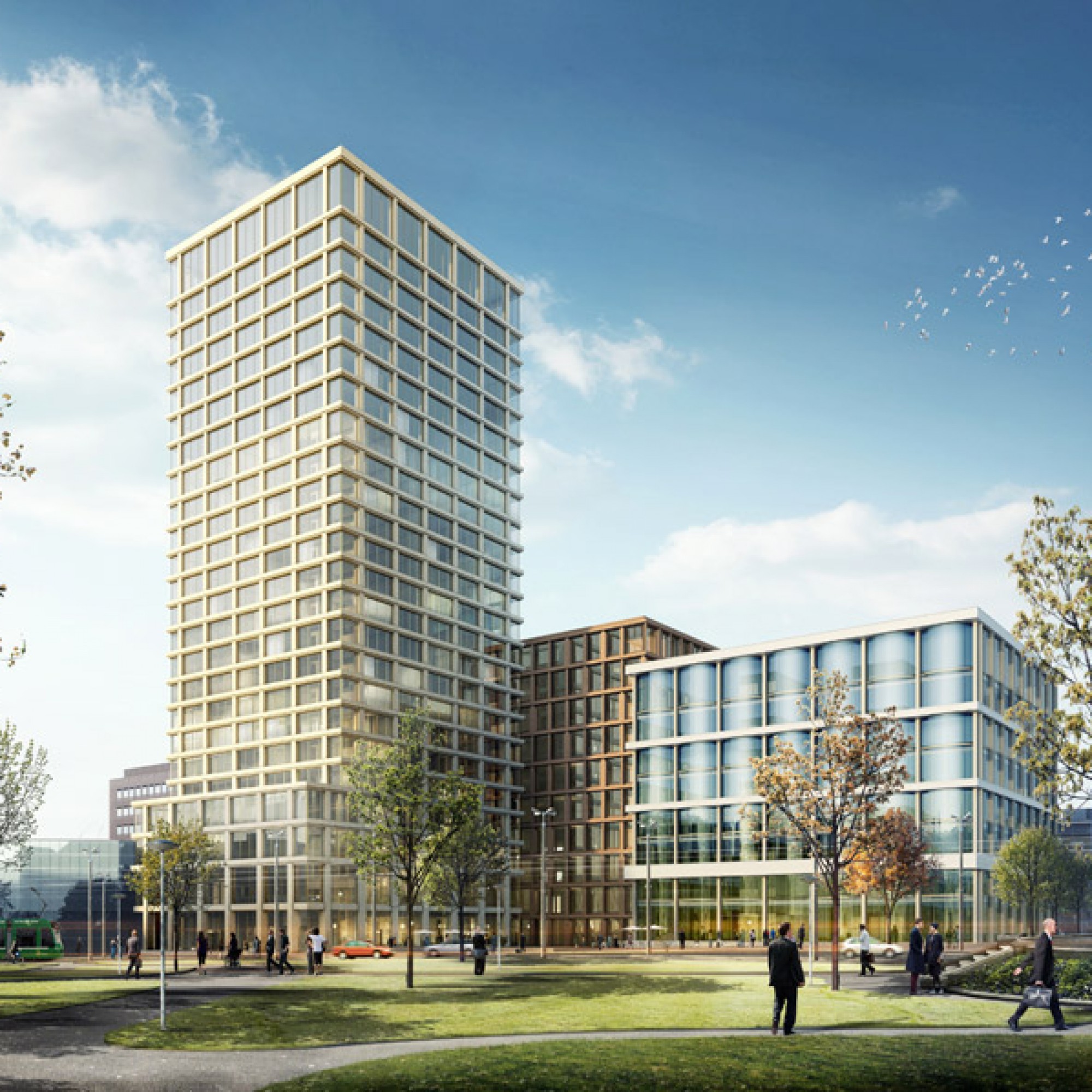 Ein Ensemble aus drei bekannten Namen: Links das Hochhaus von Miller & Maranta, in der Miete das Gebäude von Olgiati und rechts aussen kommt der Bau von Diener & Diener zustehen (PD)