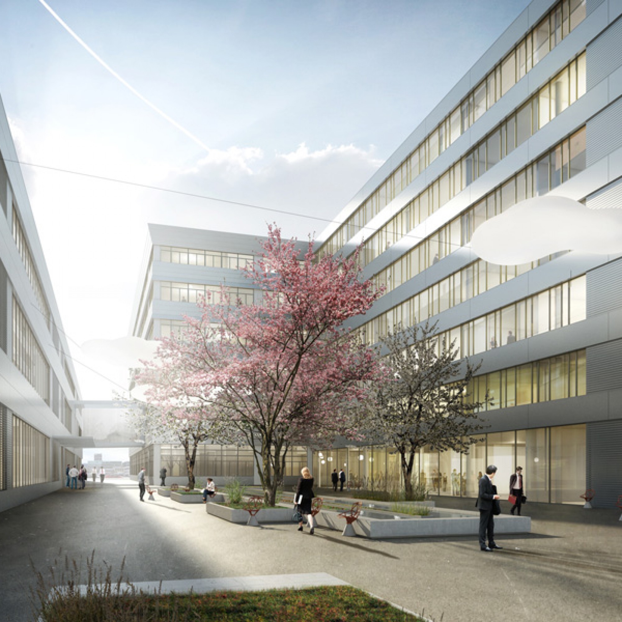 Der neue Büro- und Produktionscampus von Siemens in Zug: Rechts der Büroneubau, links das neue Produktionsgebäude, hinten das bestehende Bürogebäude an der Theilerstrasse 1. (zvg)
