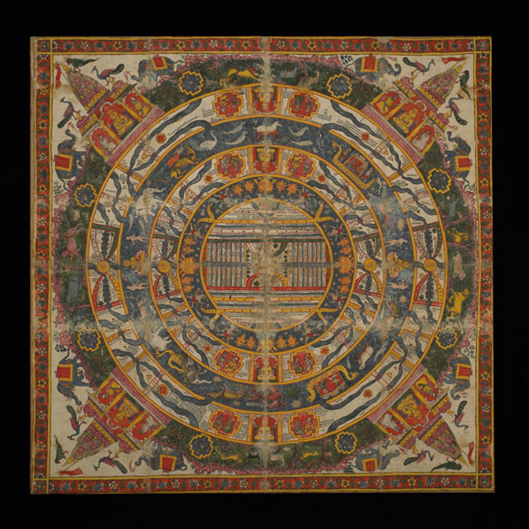 Die zwölf Windbahnen, auf denen die Sonne um den Berg Meru kreist Ausschnitt einer kosmologischen Bildrolle Tibet, 16. Jahrhundert. (Rubin Museum of Art / Museum Rietberg)