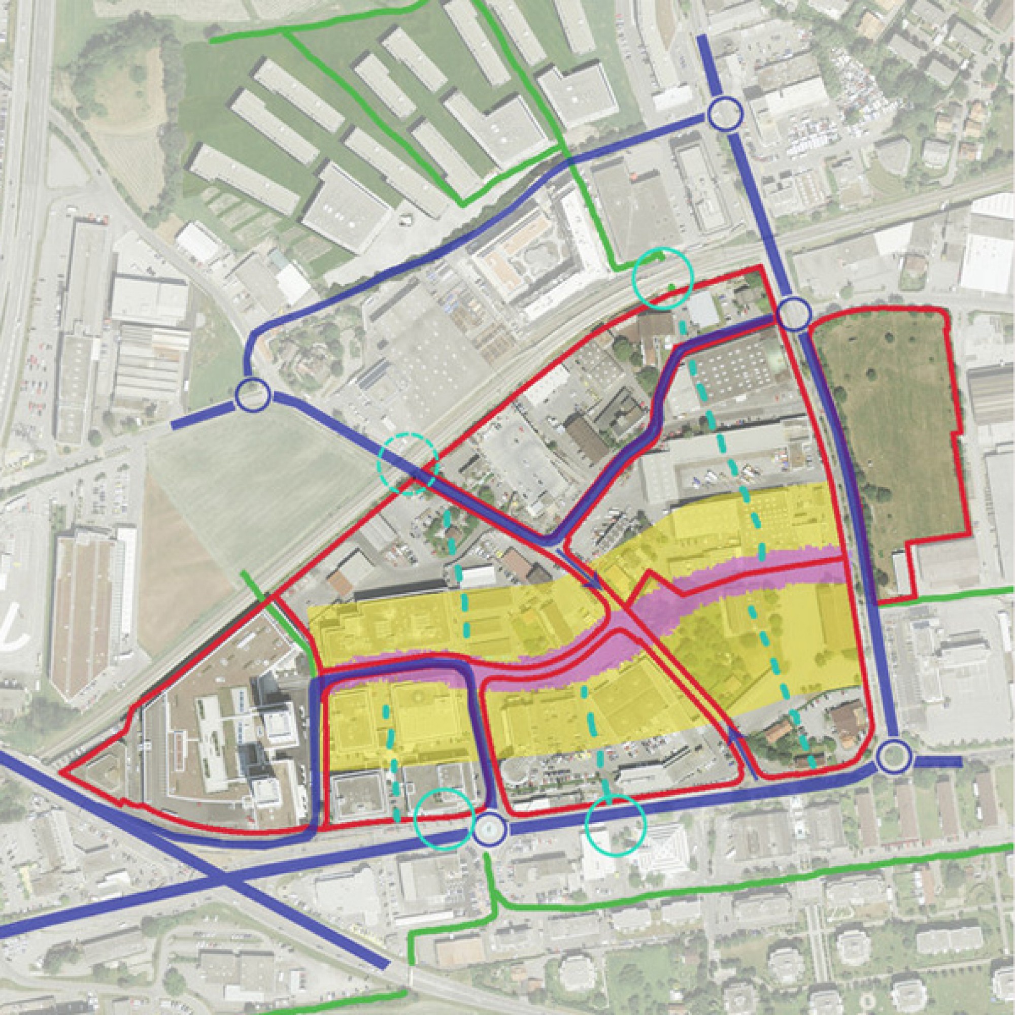 Der Arealplan für Chur West: gelb die publikumsintensive Nutzung, violett die Fussgängerzone, blau die Strassen (Stadt Chur)