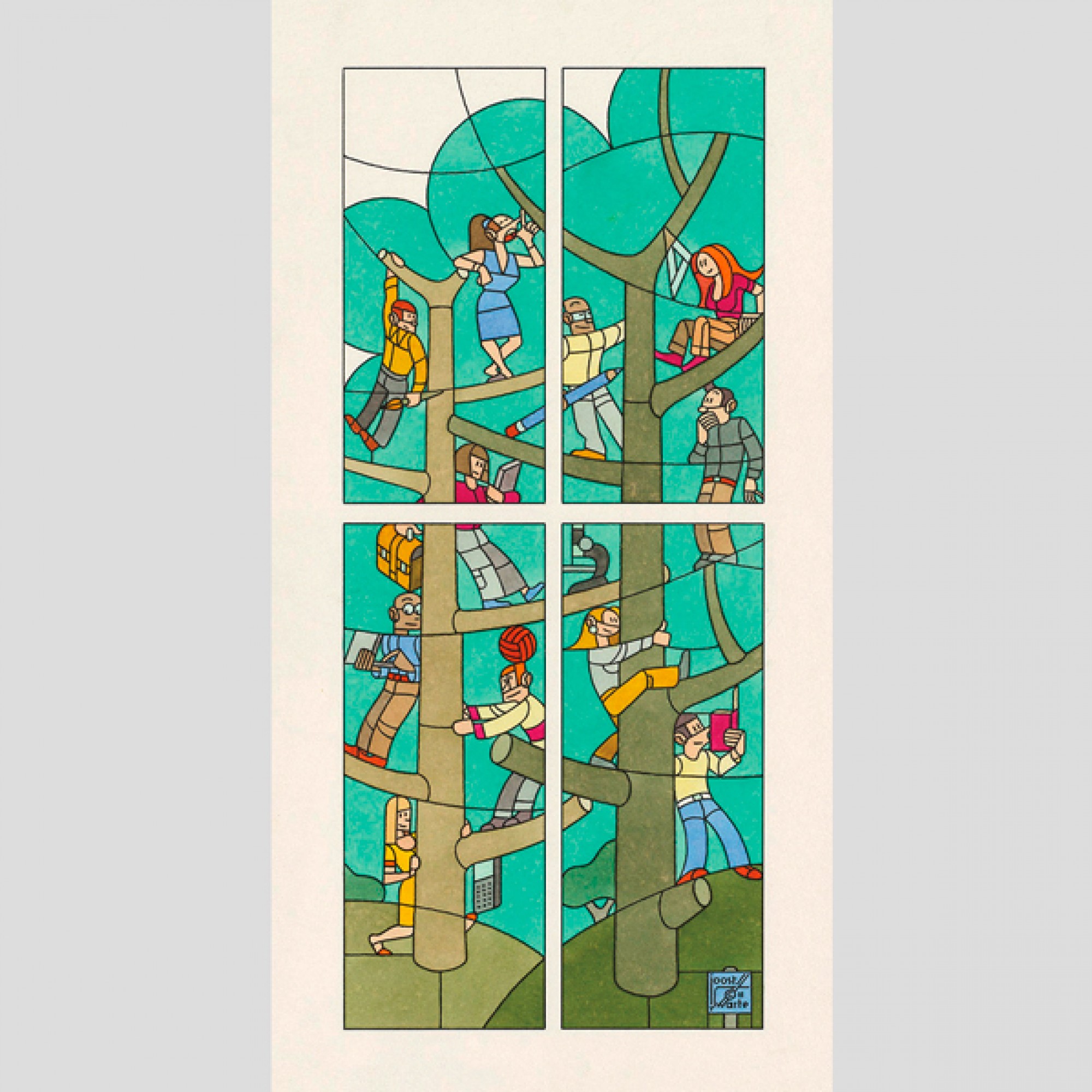 Zeichnung für Glasfenster, Bavinick Schule, Den Haag, 2014, Tuschezeichnung und farbige Tusche auf Papier. (Joost Swarte / Cartoonmuseum Basel)