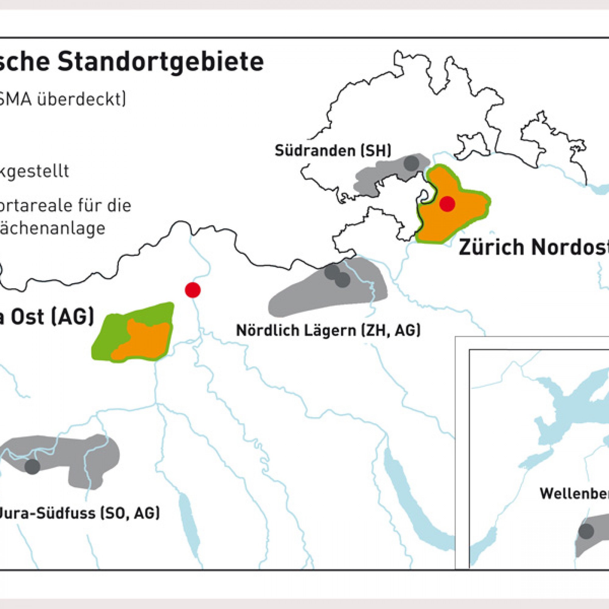 Die Standortgebiete: HAA = hochaktive Abfälle, SMA = schwach und mittelaktive Abfälle. (Quelle: Nagra)