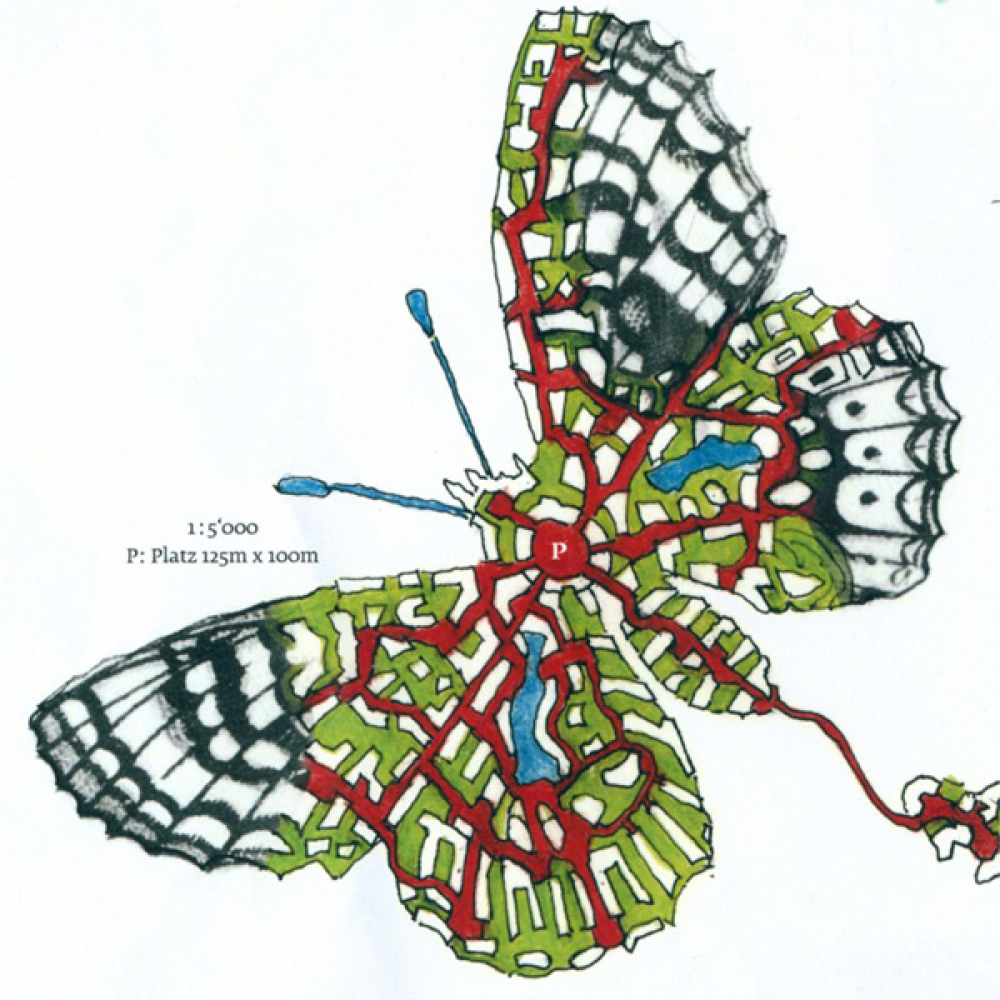 „Euphydryas Aurinia“: Die Flügel des Schmetterlings reichen vom Zürcher Bellevue (unten rechts) bis zum Central (oben links) und beinhalten die Bauten (weiss), die urbanen Zwischenräume, die Plätze, Strassen und Gassen (rot), die Seen (blau) und Grünräume