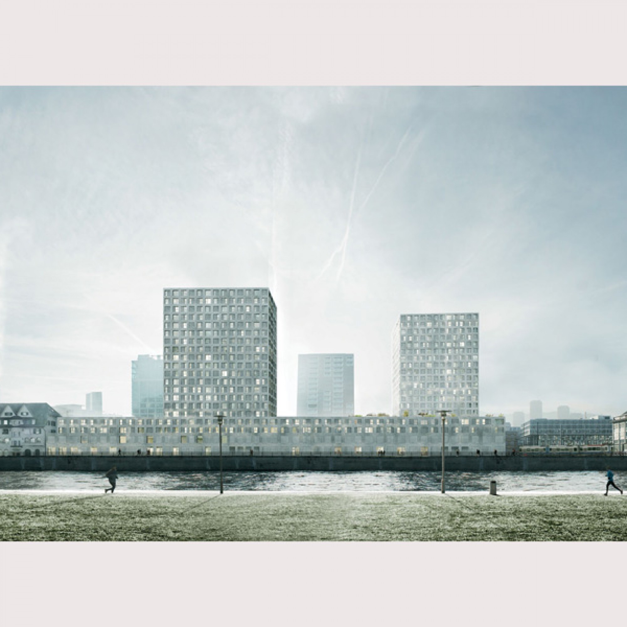 Das Siegerteam schlägt einen Gebäudekomplex mit zwei Hochhaustürmen entlang der Limmat vor. (Visualisierungen: Morger Dettli Architekten AG, Basel)