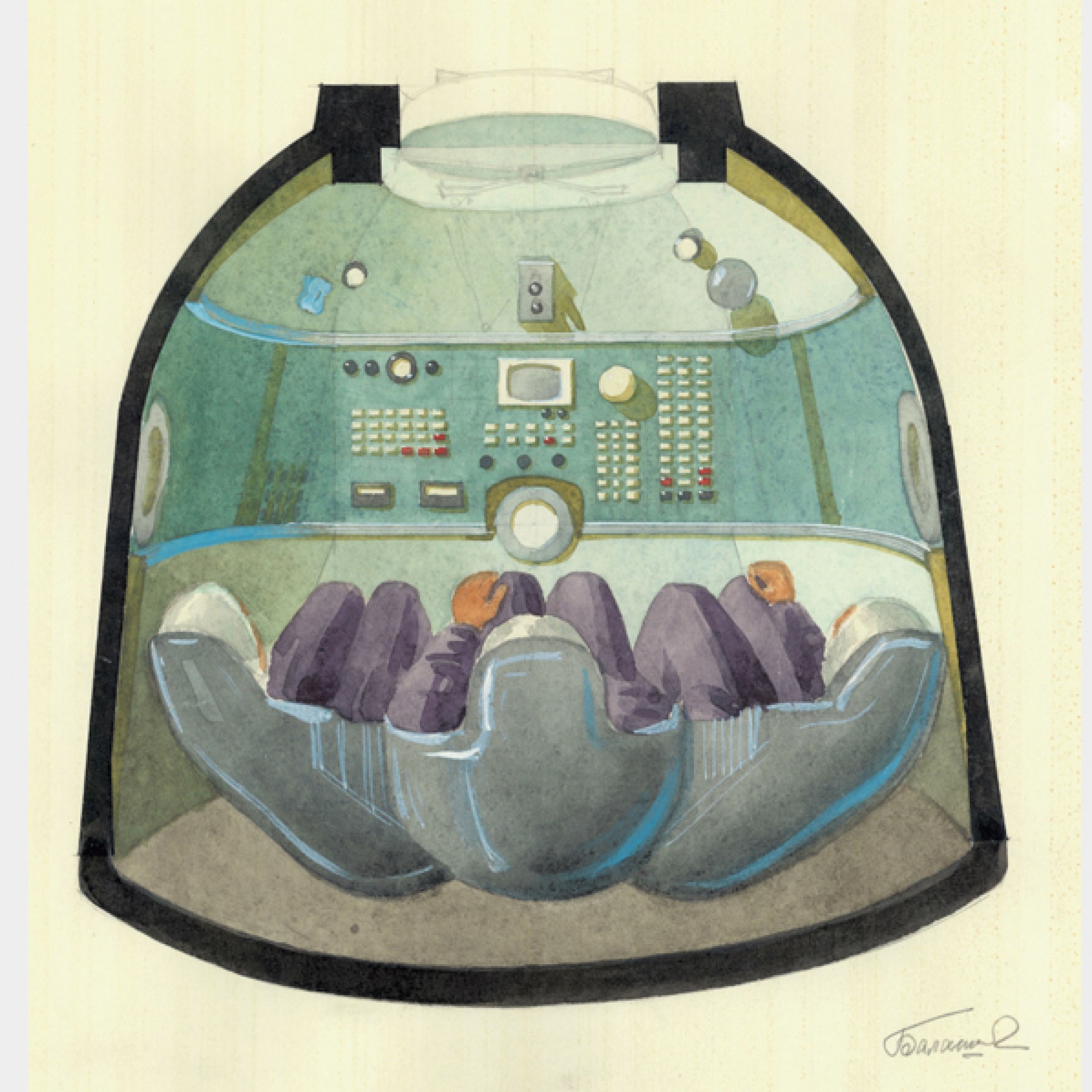 Entwurf für die Kommandozentrale des Raumschiffs Sojus mit den bis heute typischen Schalensitzen. (Archiv Galina Balschowa /DAM) 