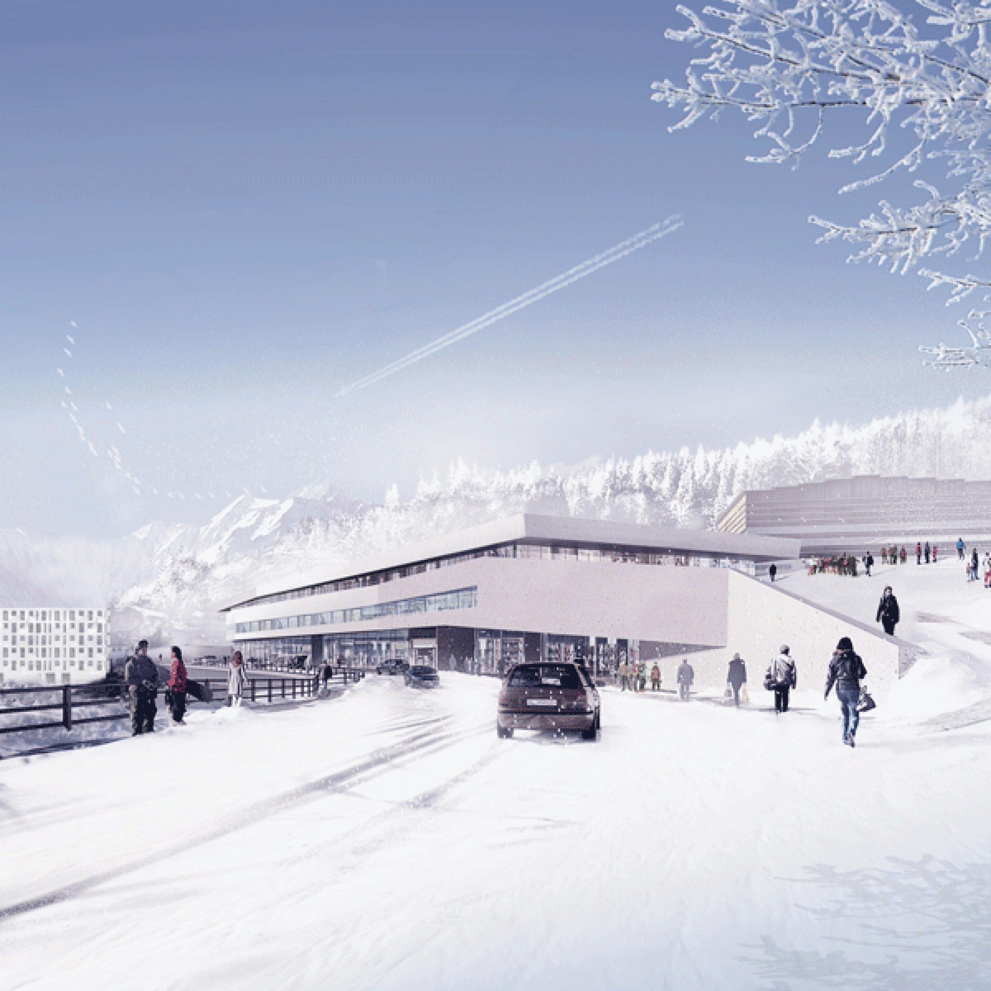 An die Stenna-Brücke schmiegt sich der Längsbau mit Läden und dem Hotel im Attikageschoss (Visualisierung: SENN Resources AG, St. Gallen).