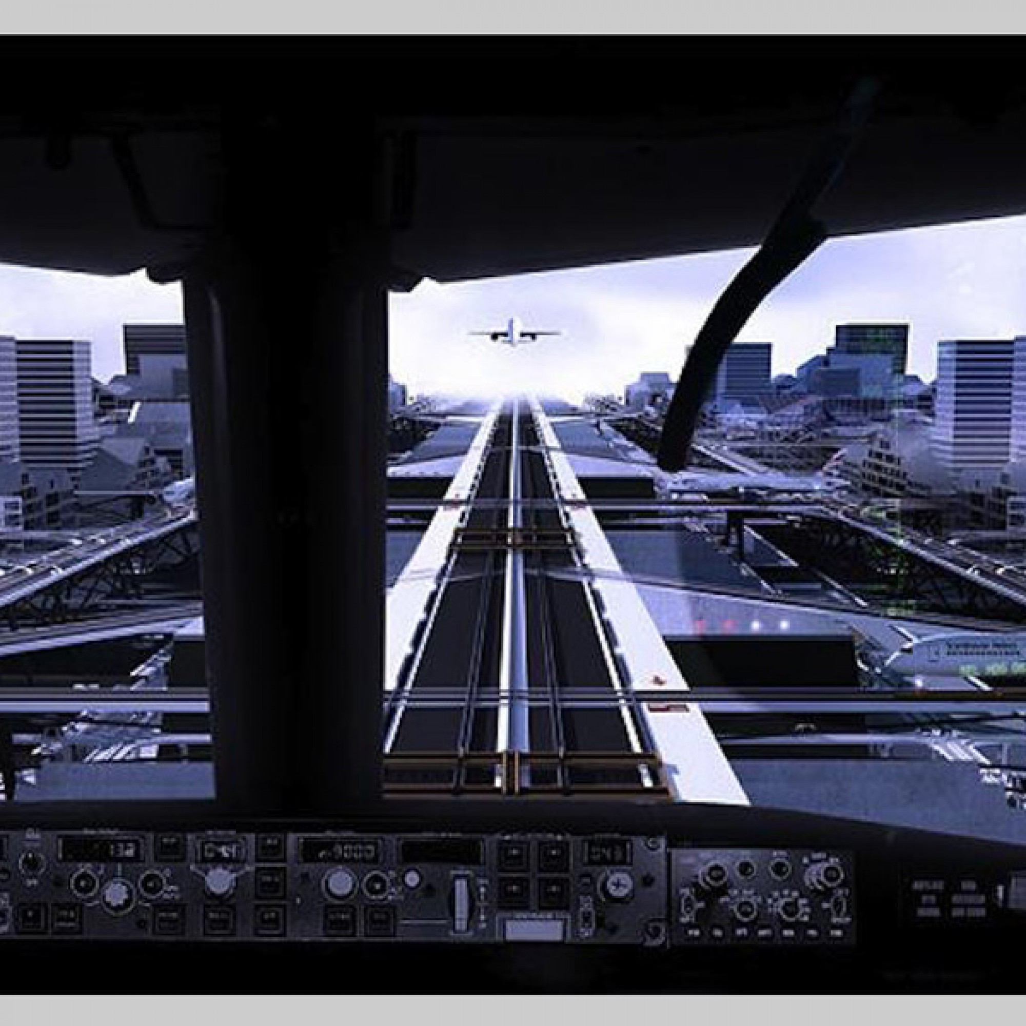 Der Anflug auf den urbanen Flughafen aus der Cockpit-Perspektive.
