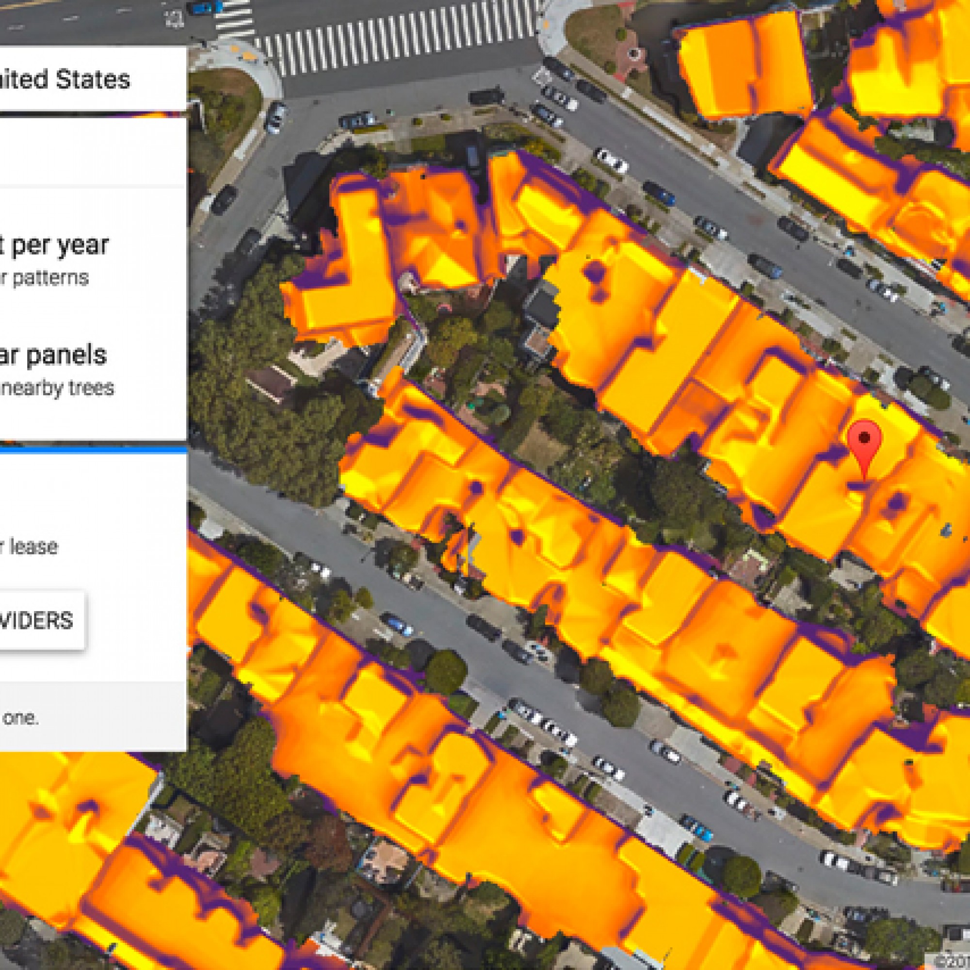 Gelbe, leuchtende Sonnenenergie: Das ist das Resultat einer Analyse mit Sunroof. (Screenshot)