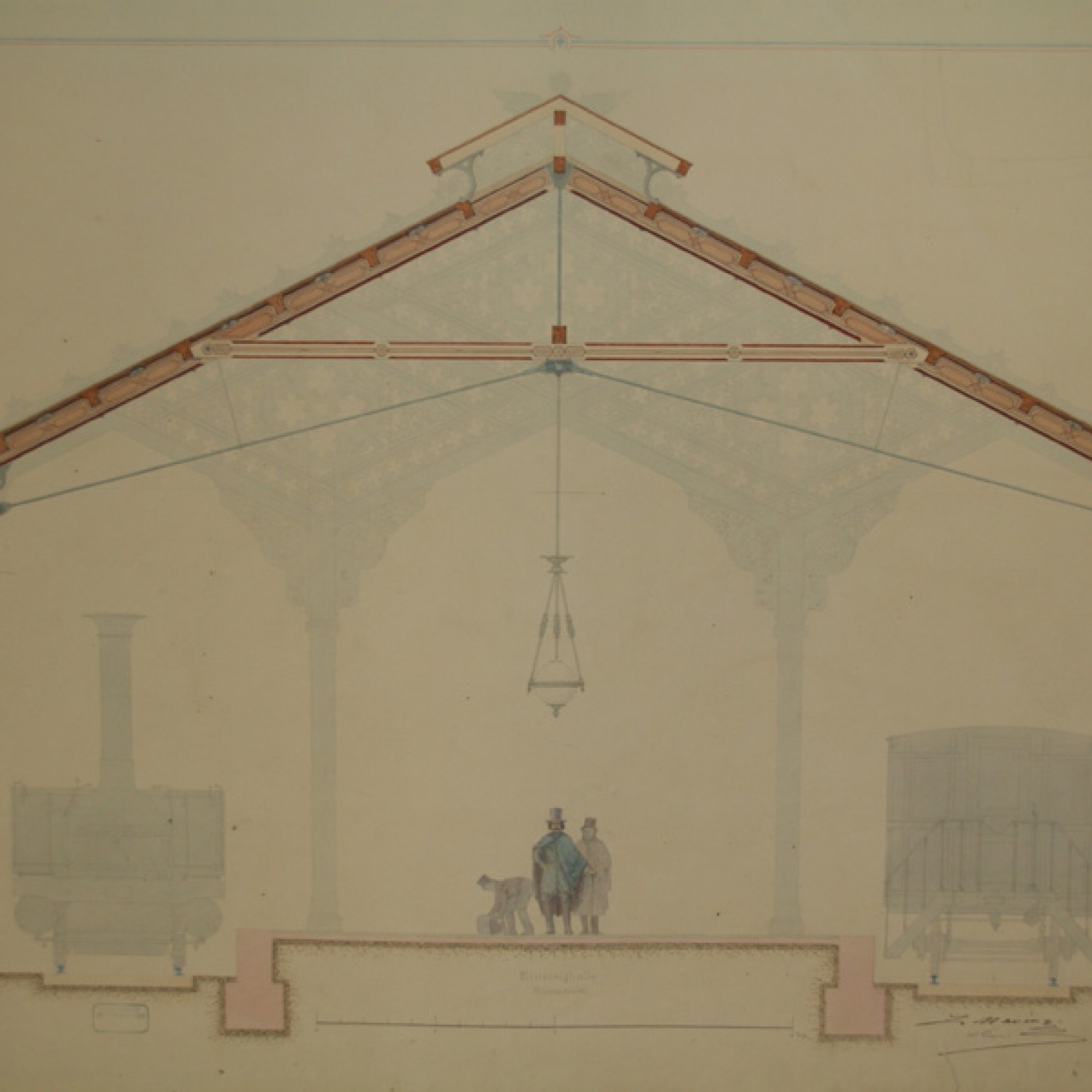 Handkolorierte, originale Zeichnung der Halle, die heute noch im Staatsarchiv des Kantons Basel-Stadt liegt.