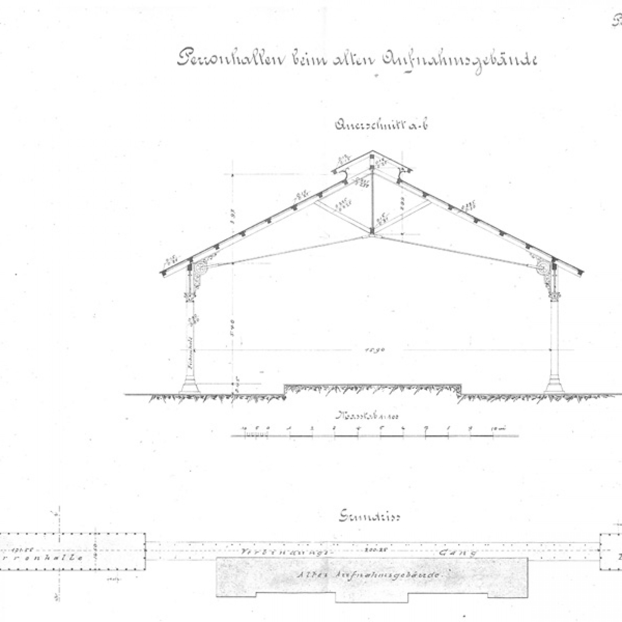 Entwurfszeichnung der Bahnhofshalle (Zeichnung: Staatsarchiv des Kantons Basel-Stadt)