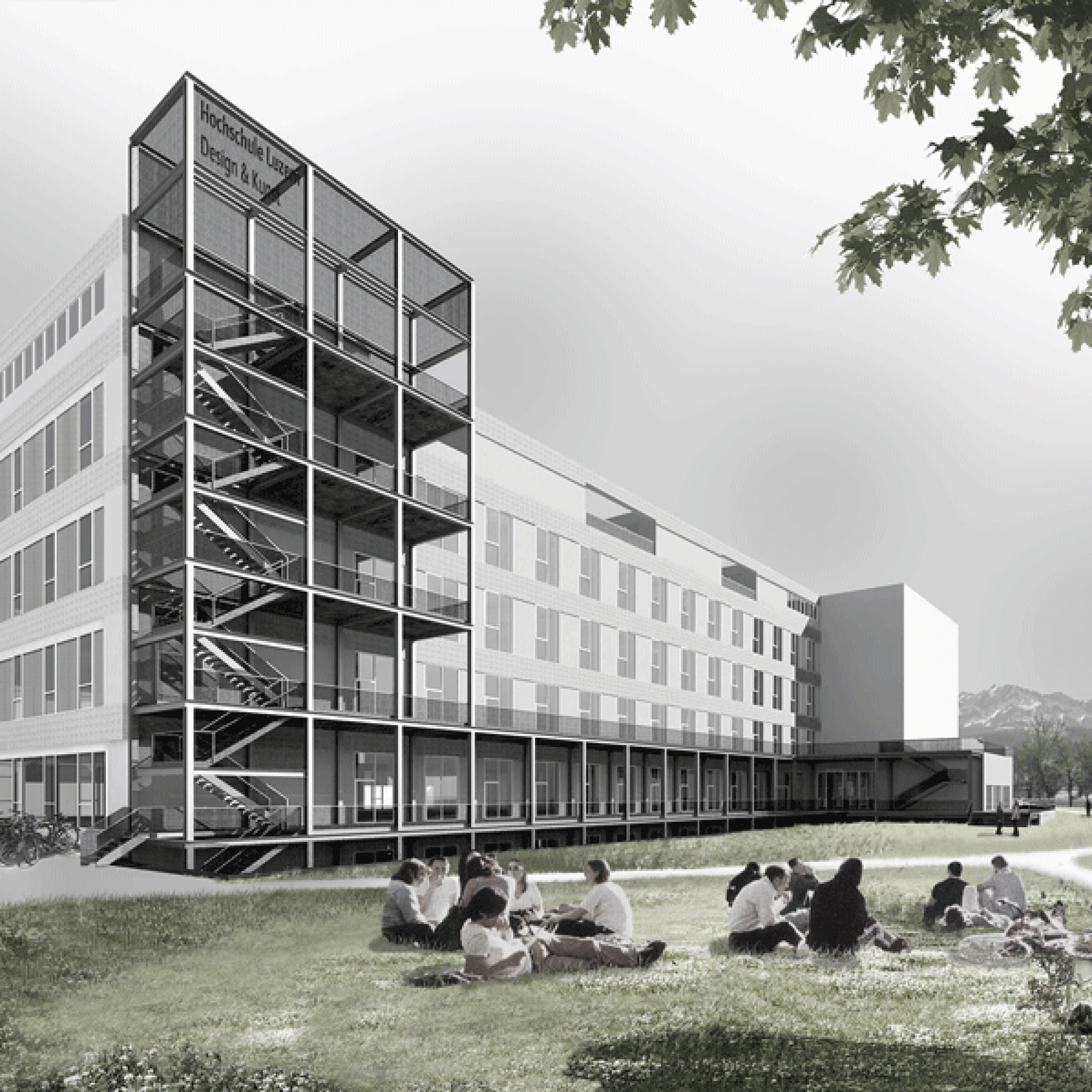 Der «Bau 745» in der Viscosistadt Emmen wird ab nächstem Sommer zum Studienort vieler Designer und Künstler von morgen. (Visualisierung: EM2N)
