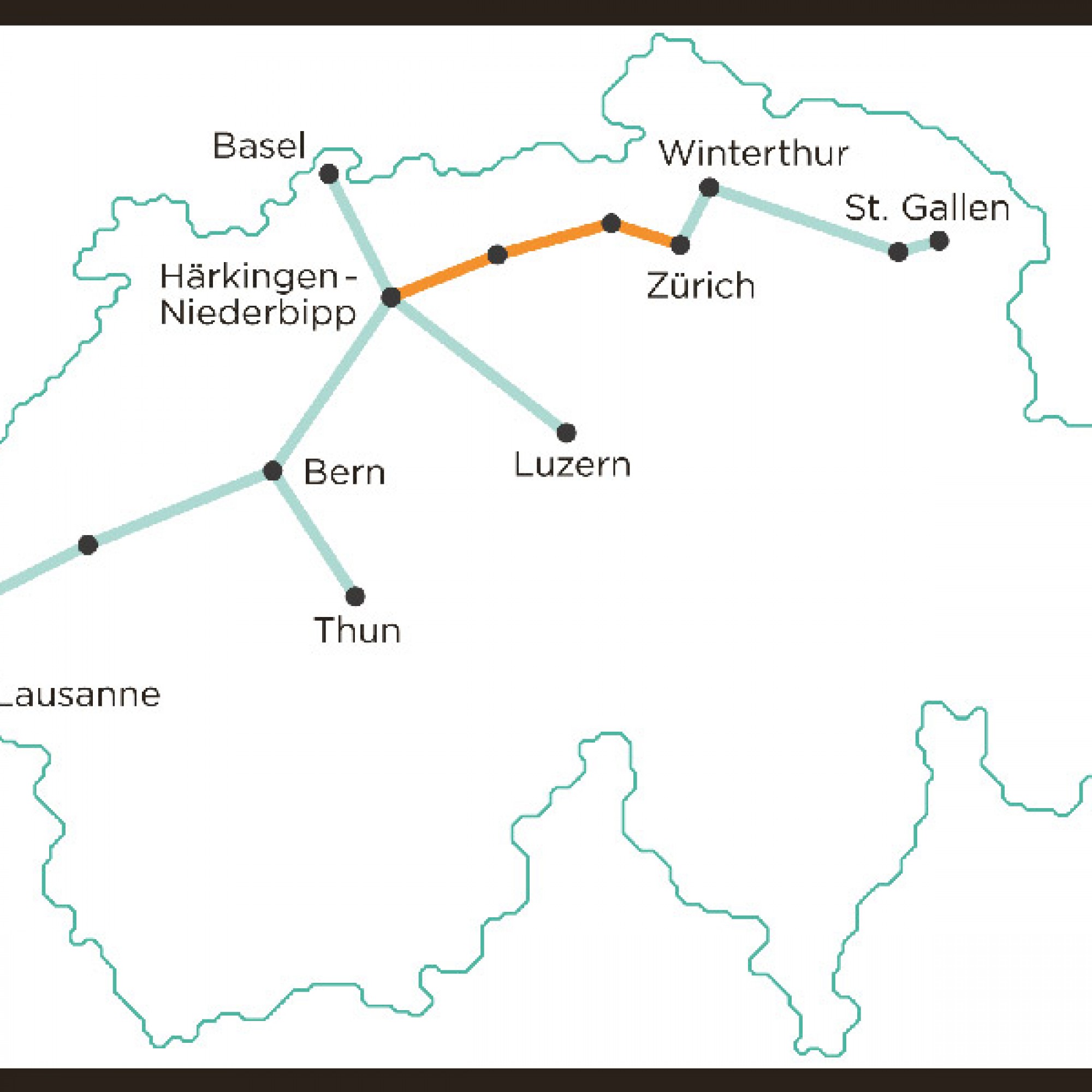 Das neue Transportsystem soll sich durch die ganze Schweiz ziehen. Der erste Abschnitt ist zwischen Härkingen SO/Niederbipp BE und der Stadt Zürich (orange) geplant. 