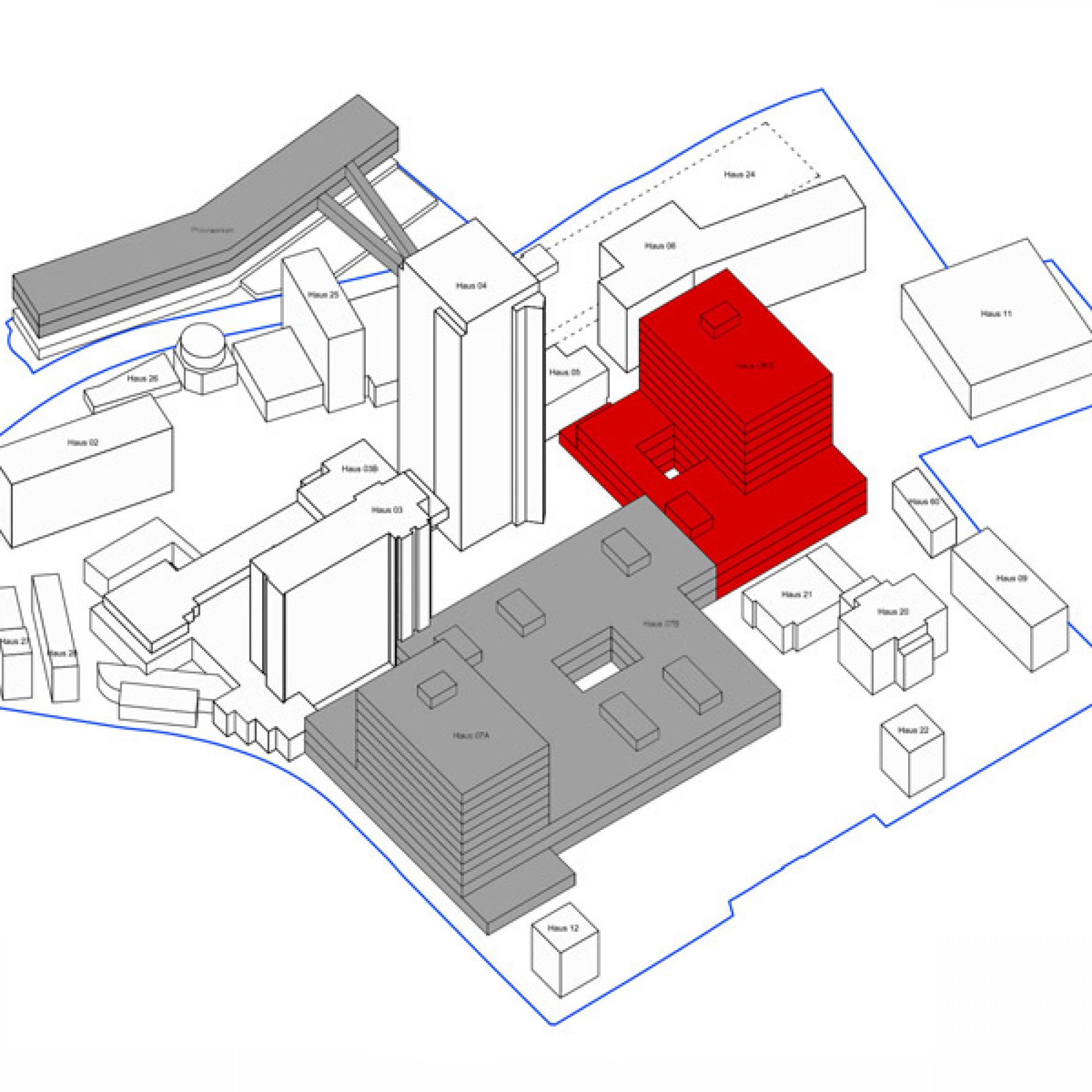 Die Isometrie nach Abschluss aller Bauarbeiten: Der Ersatzneubau (oben links) ist via Passerellen mit dem übrigen Gelände verbunden. Neu sind auch die Häuser 07A und 07B (grau) sowie das Ostschweizer Kinderspital (rot). (zvg)