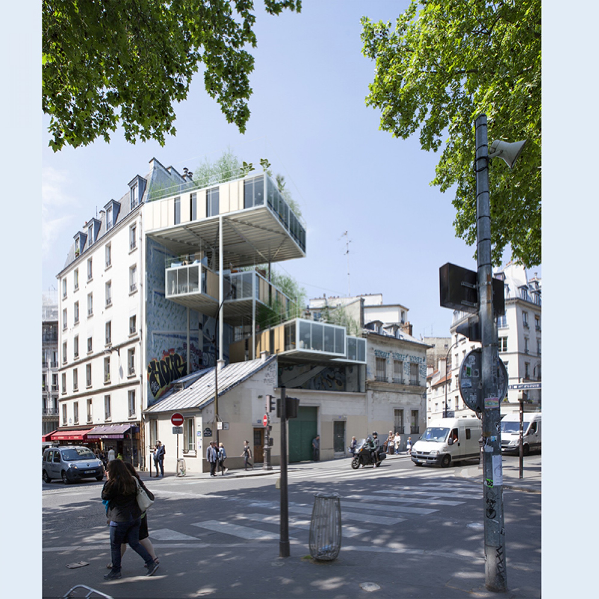„3box“: Rechteckige „Conatainer“ wurden in den Leerräumen zwischen den Häusern von Paris platziert. (Stéphane Malka)