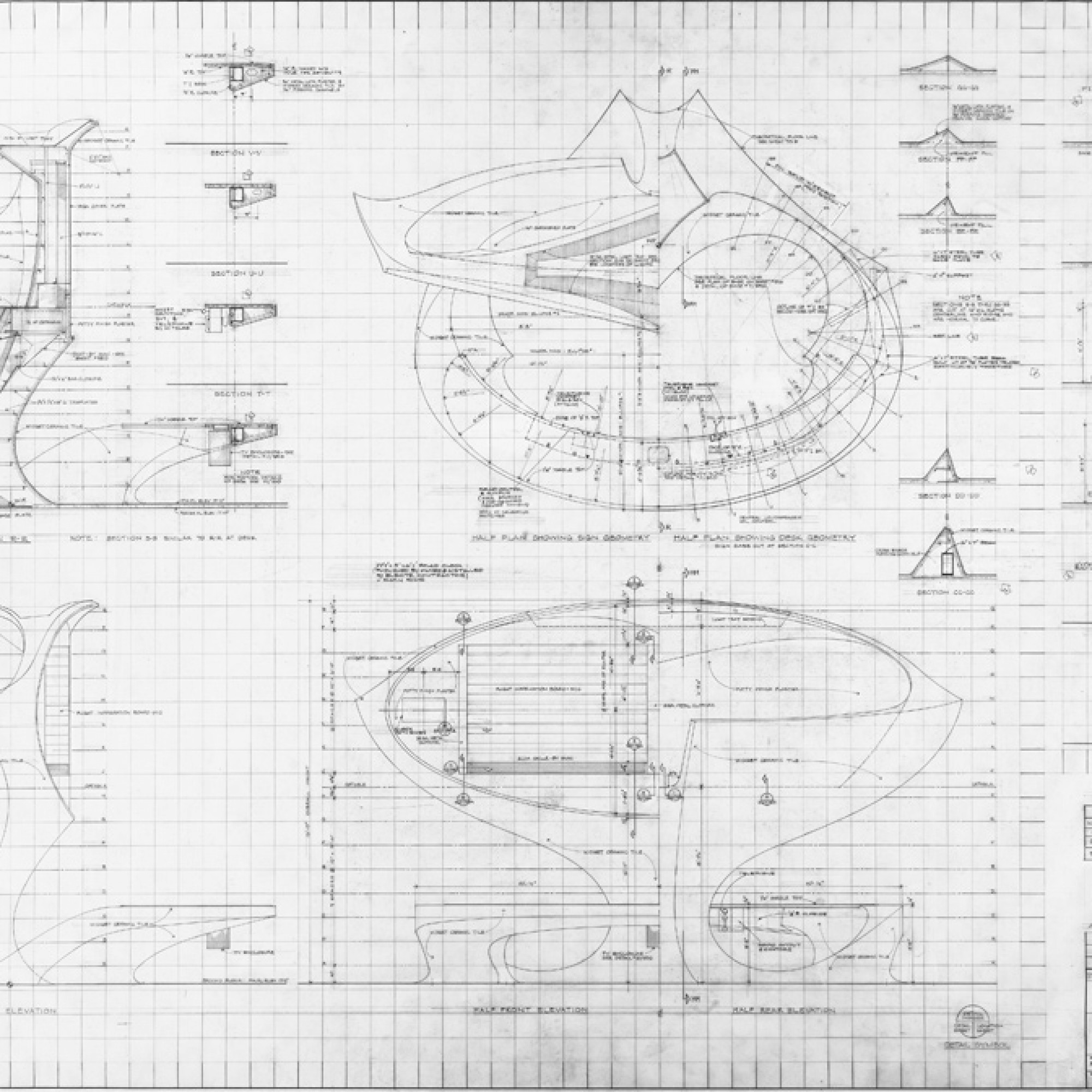 Grundriss, Schnitt, Ansicht Informationsschalter mit Anzeigetafel ohne Massstab, 90.5 × 66.8 cm, ES&A, 12. 7. 1963 © Eero Saarinen Collection (MS 593). Manuscripts and Archives, Yale University Library