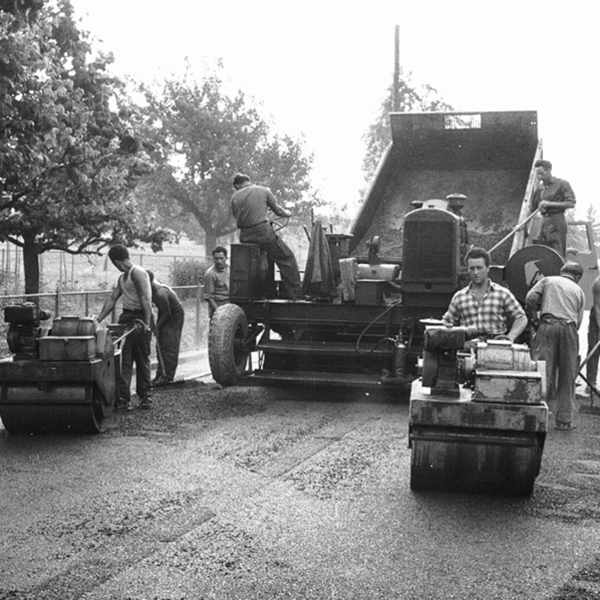 Bauarbeiter der Firma Cellere AG, St. Gallen teeren eine Strasse mit Hilfe einer Einbaumaschine, die Mischgut in einer Mulde aufnimmt und hinter der Maschine gleichmässig verteilt und verdichtet. Sommer 1956, o. O. (zvg) 1/11