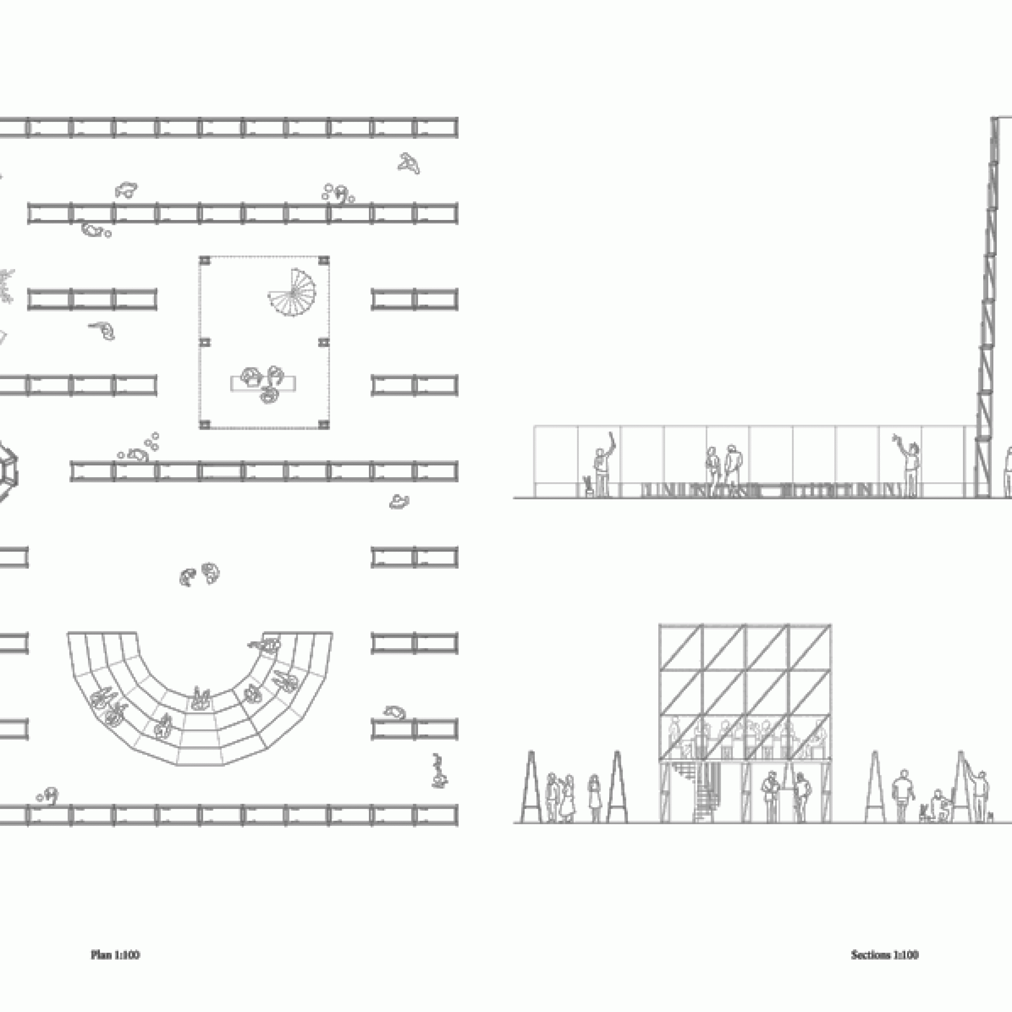 Querschnitt und Grundriss des Pavillons. Die beiden Architektinnen stellen sich vor im Pavillon unter anderem Ausstellungsbereiche und Café unterzubringen. (zvg)