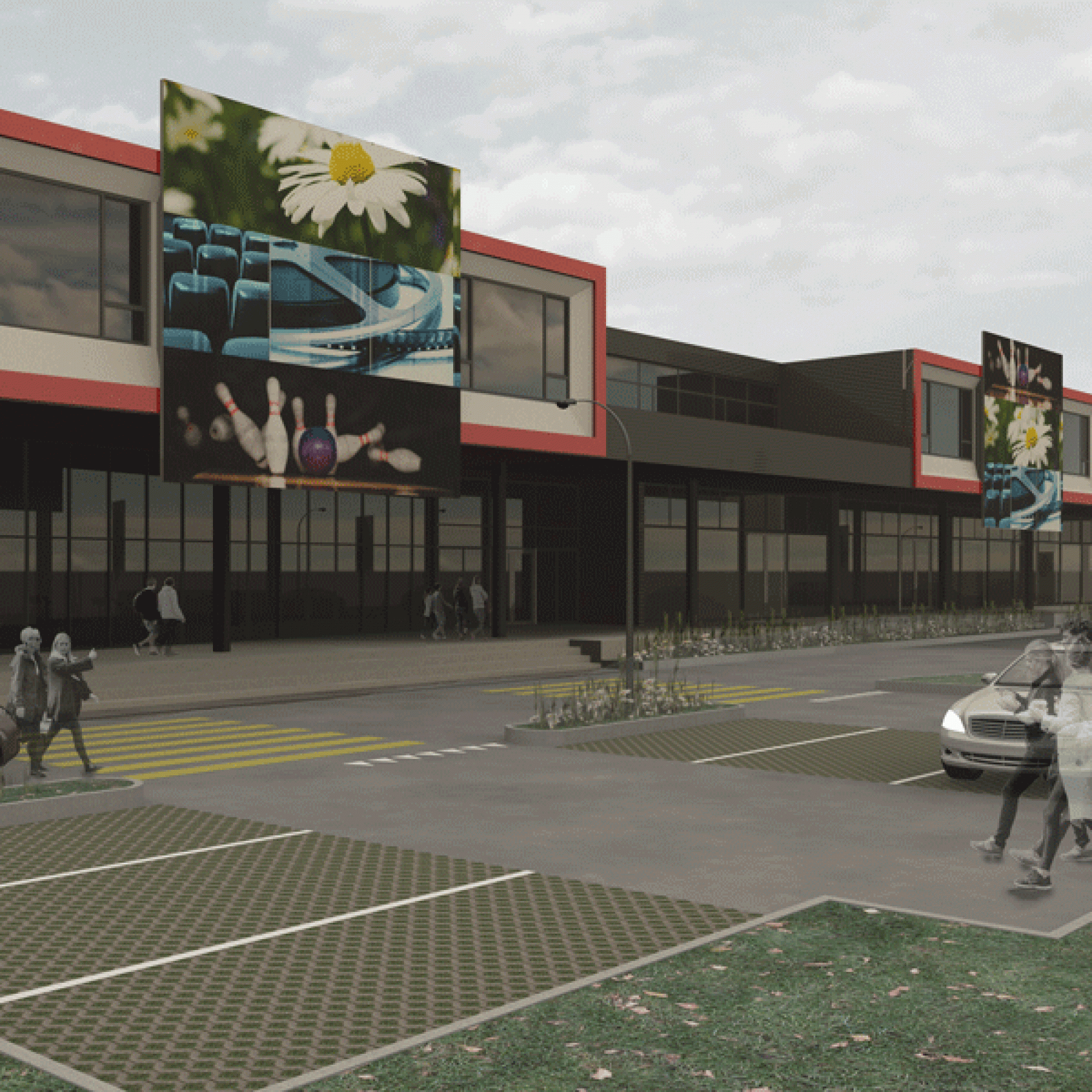 In Gümlingen BE entsteht das neue Gewerbe- und Freizeitzentrum Gümlingenfeld mit Verkaufsflächen, Restaurants, eine Bowlinganlage, Büroflächen sowie zehn Kinosälen. (Visualisierung: Implenia)