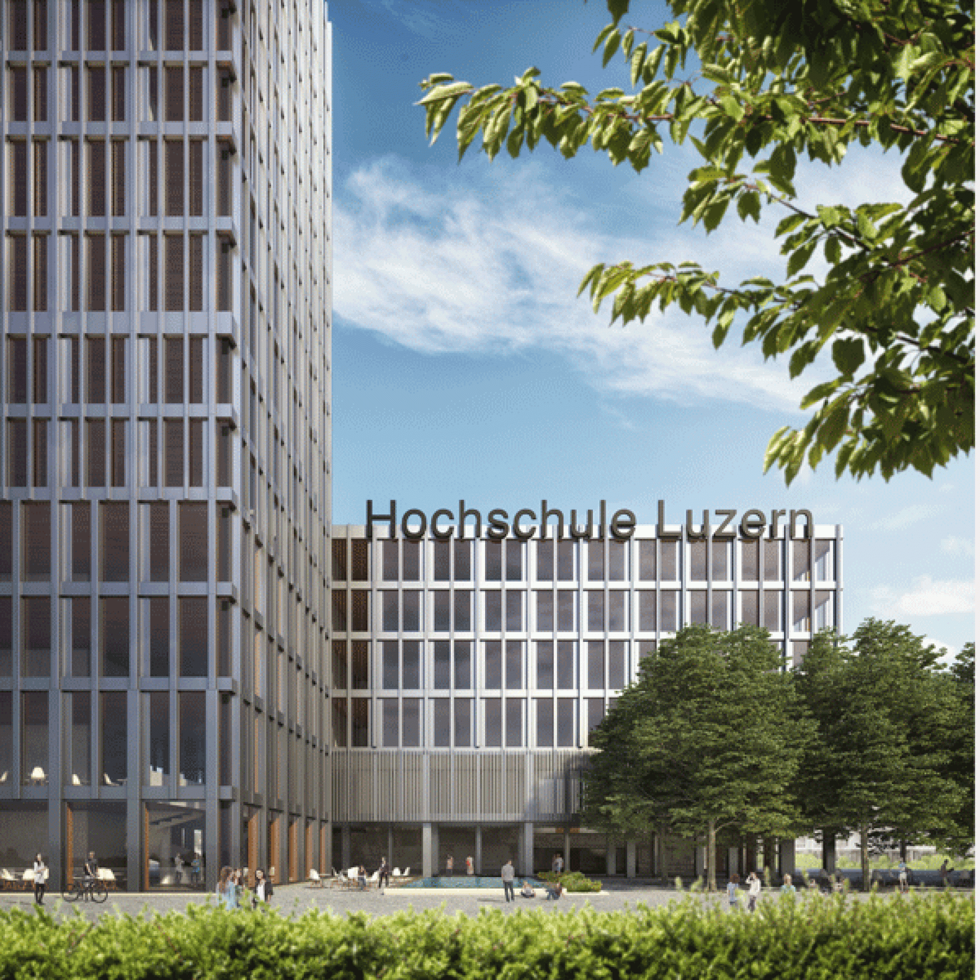 Der neue Campus der Hochschule Luzern auf dem Suurstoffi-Areal von aussen… (Visualisierungen Zug Estates)