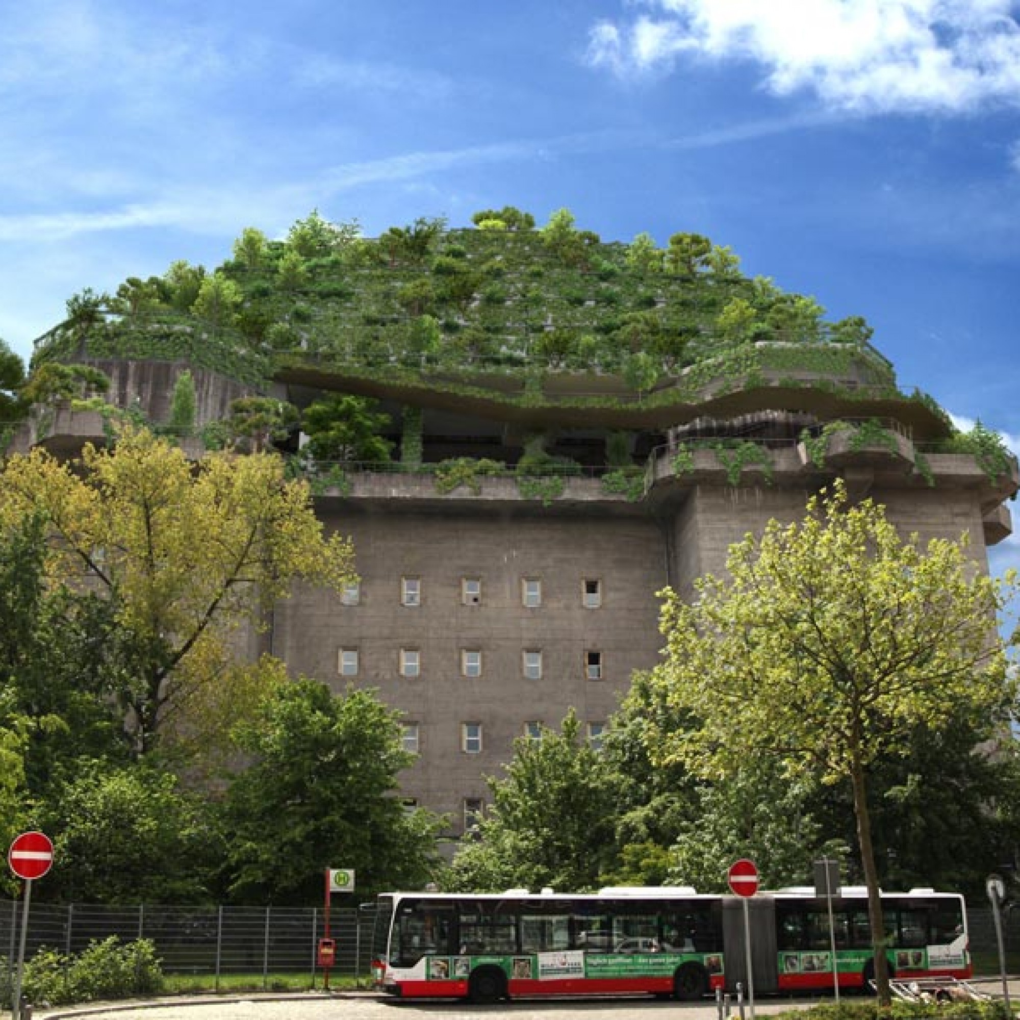 Die Fassadenbegrünung des Aufbaus verändert den Charakter des Gebäudes entscheidend. (Alle Visualisierungen und Zeichnungen: Planungsbüro Bunker)