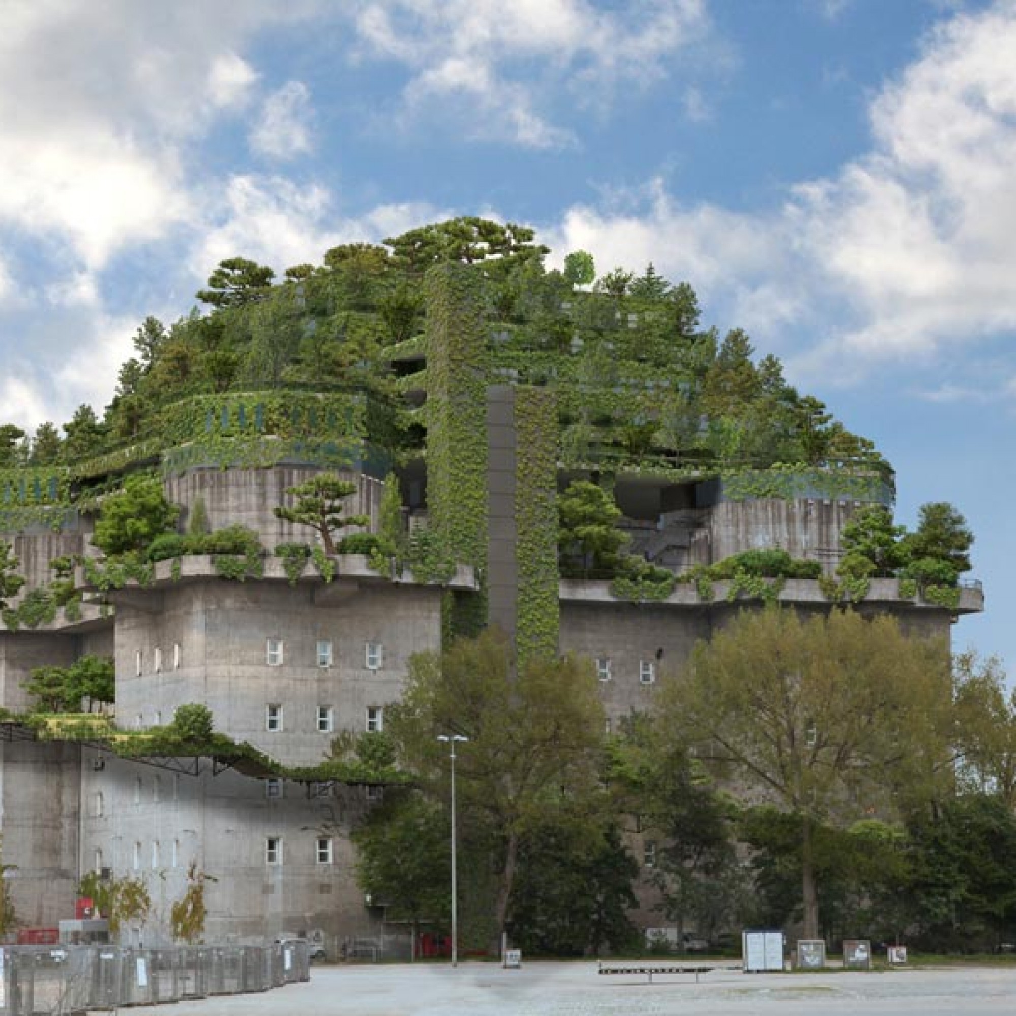 Ansicht des begrünten Flakbunkers von Seiten des Heiligengeistfeldes. 