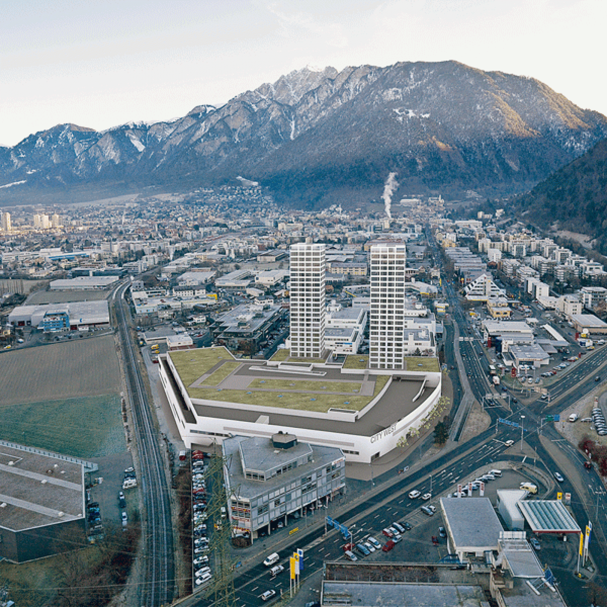 Entwicklungspotenzial: Im ehemaligen Churer Industriequartier gibt es 2011 noch viel Platz rund um das neu erstellte Zentrum City West mit seinen 70 Meter hohen «Twin Towers». (Bild: Archiv Baublatt)