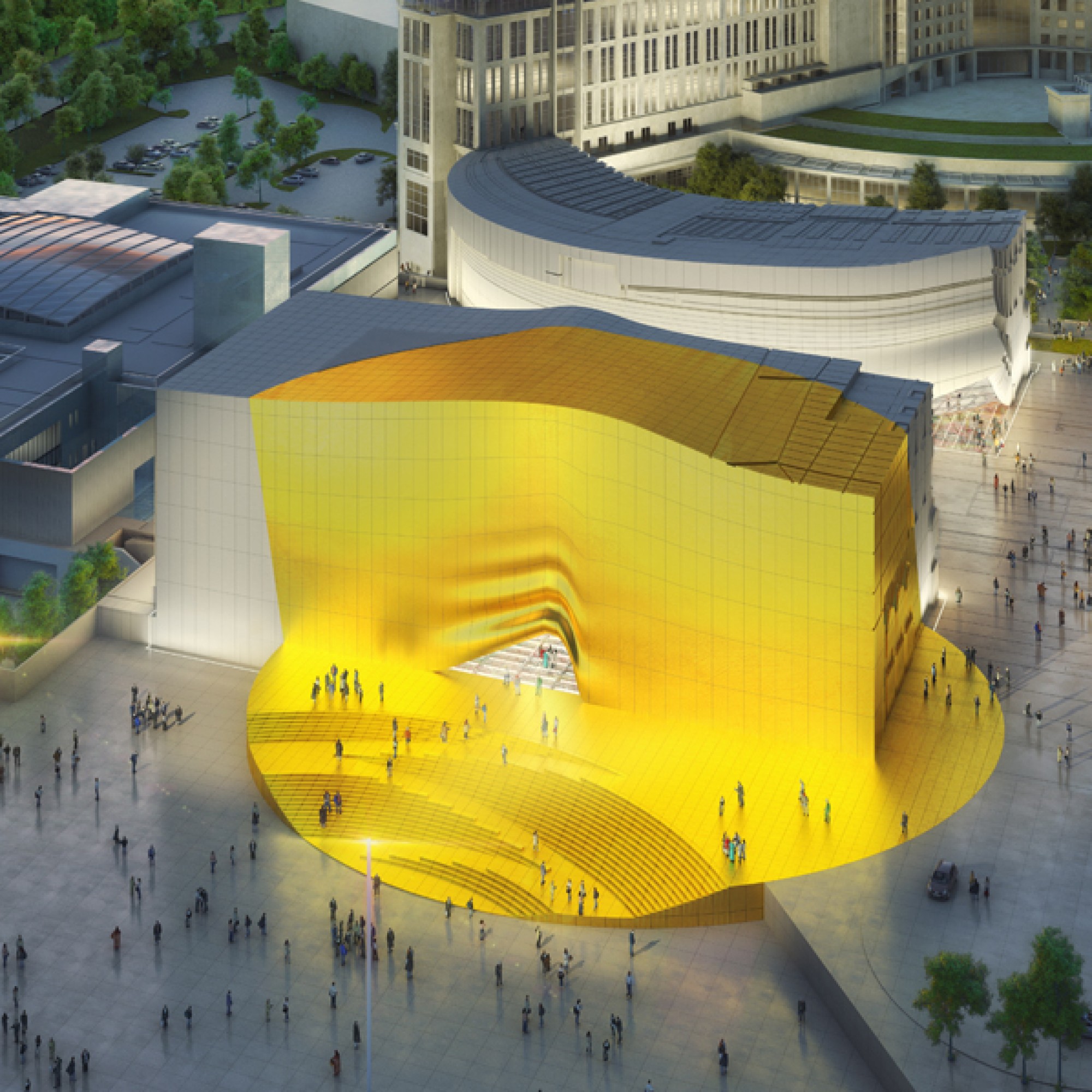 Von weiterm sichtbar: Der golden Platz und der goldene Eingang, des neuen Tourismus- und Unterhaltungszentrums. (MVRDV) 1/6
