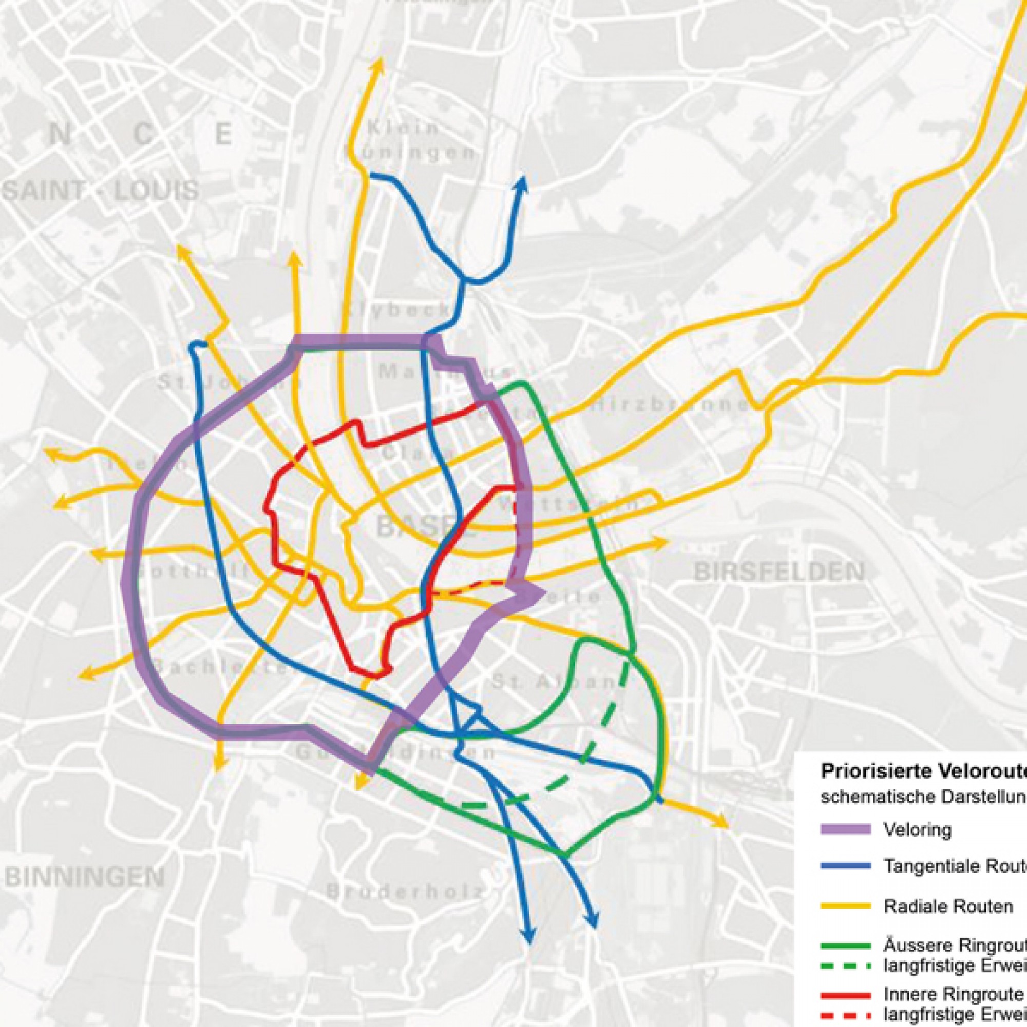 Schematische Darstellung des Velorings und der Velorouten in Basel (Bau- und Verkehrsdepartement Basel-Stadt)