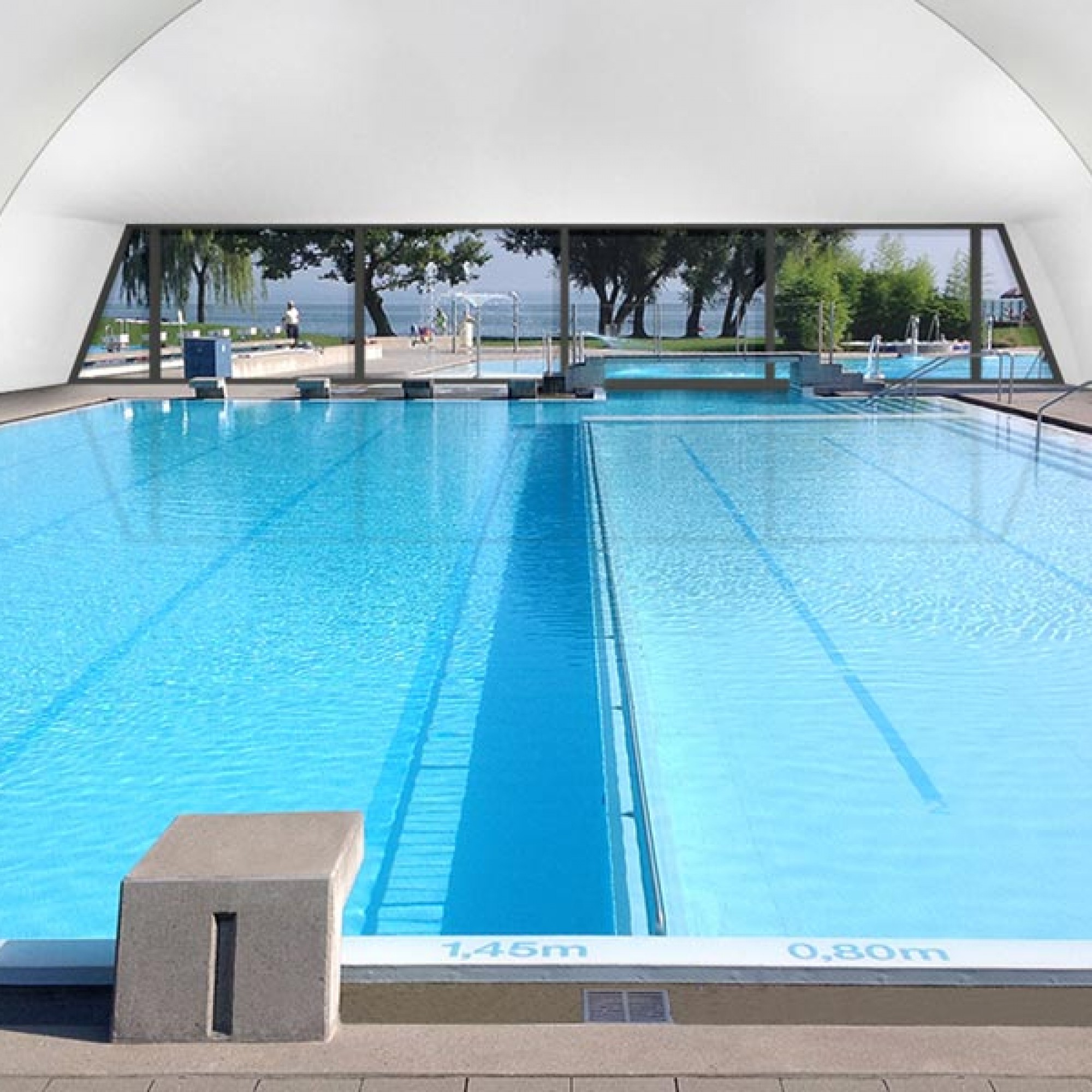 Dank der Traglufthalle kann das Seebad Romanshorn in Zukunft auch im Winter genutzt werden. (Visualisierung: Texlon HSP GmbH) +/2