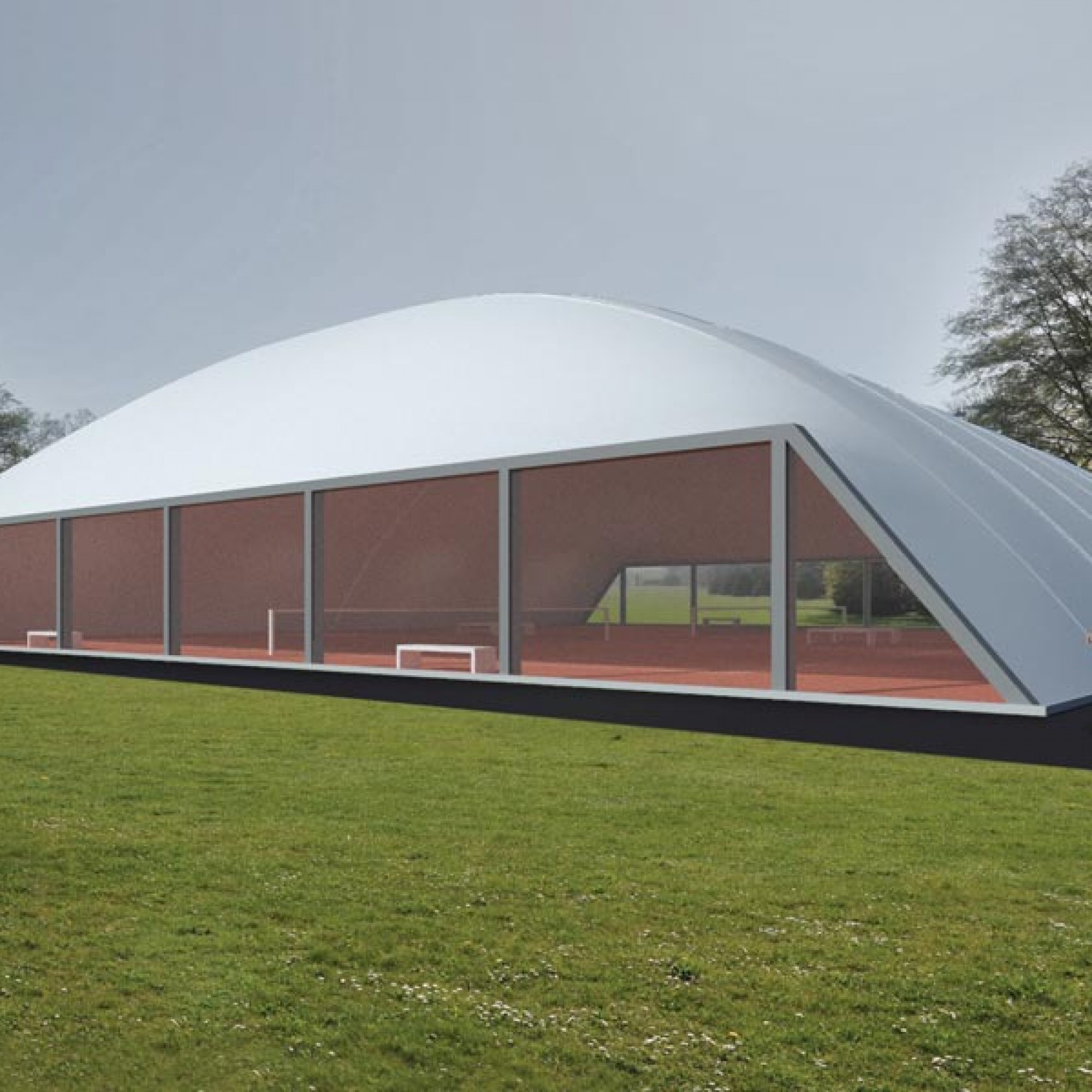 Traglufthallen über Tennisplätzen und Schwimmbecken sind keine Neuigkeit. Die Texlon HSP Gmbh fertigt sie erstmals mit grossen Panoramafenstern. (Visualisierung: Texlon HSP GmbH)