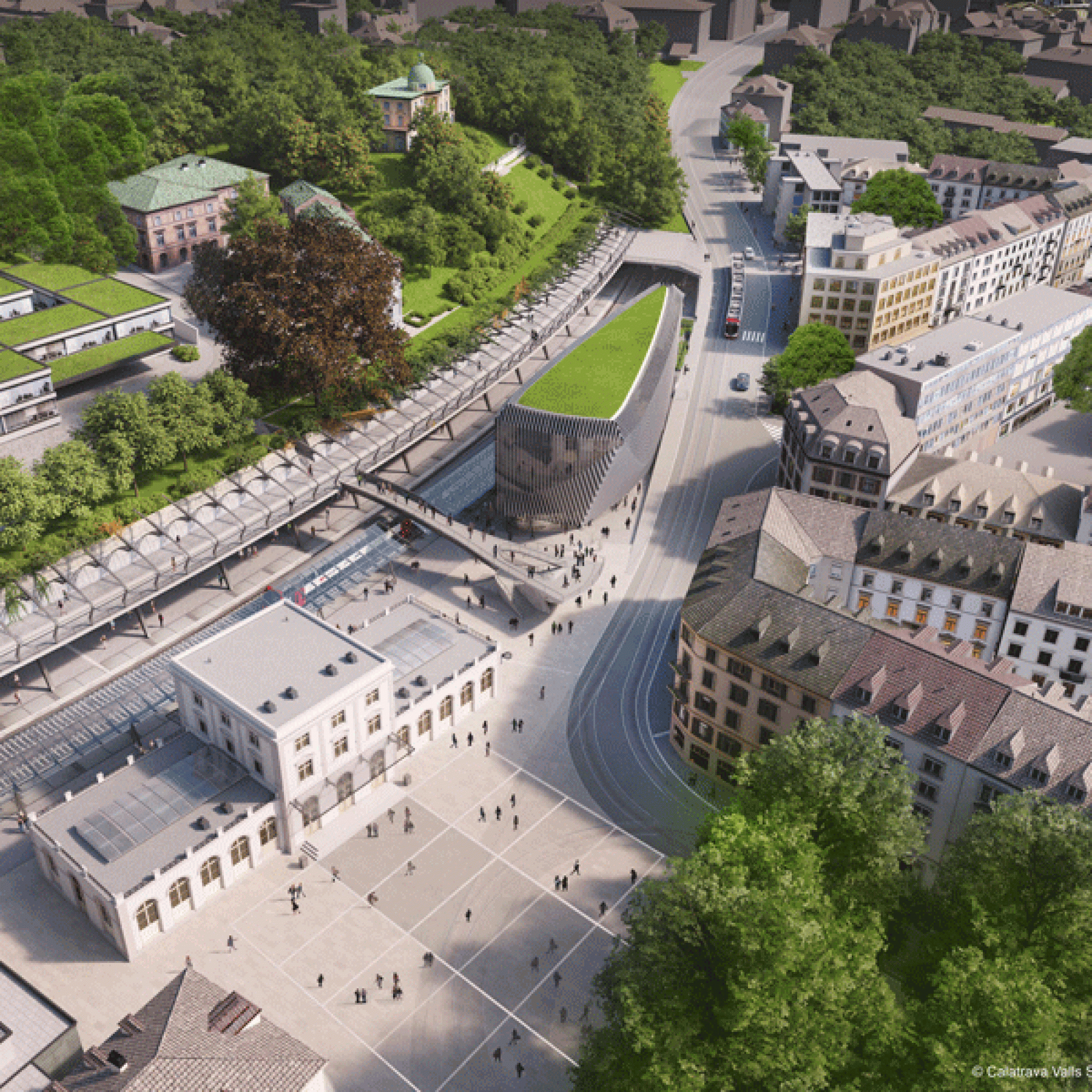 Das neue Geschäftshaus am Bahnhof Stadelhofen aus der Vogelperspektive (Visualisierungen: CALATRAVA VALLS SA)