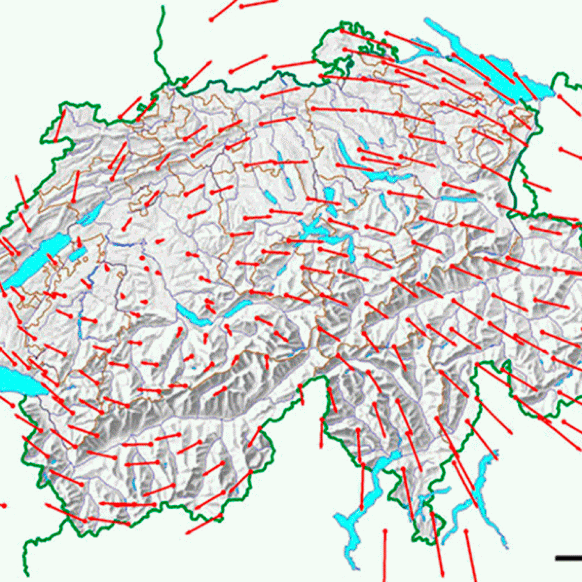 Koordinatendifferenzen zwischen den Bezugsrahmen von 1903 und heute. (swisstopo)