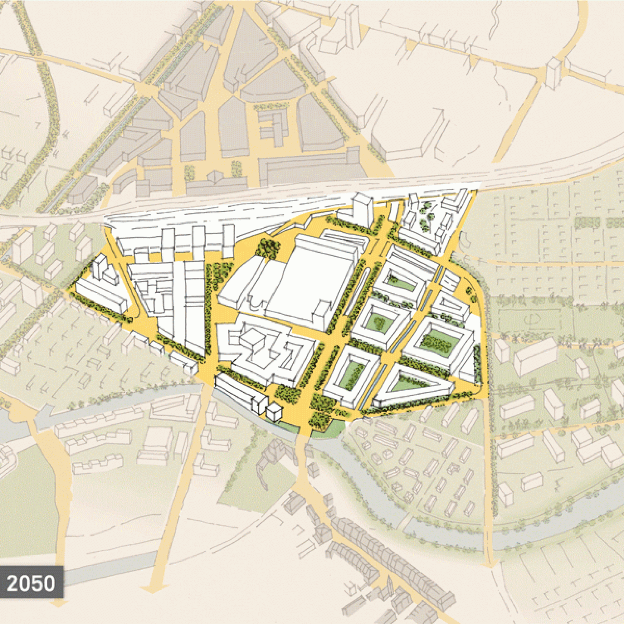So könnte das Gebiet Biel-Bienne Centre im Jahr 2050 aussehen.