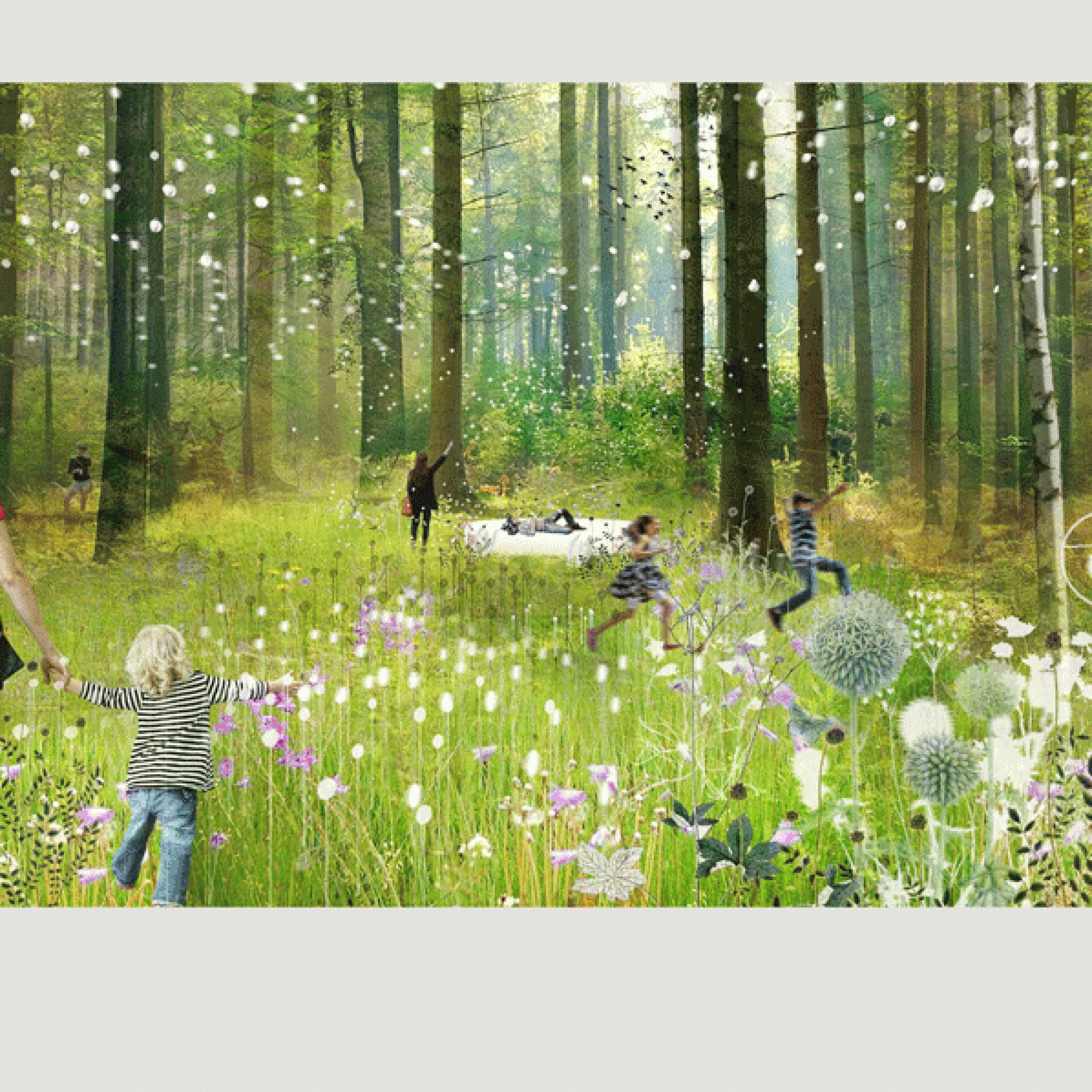 Poetische Installation: Glöckchen zwischen Bäumen und Sträuchern im Wald. (International Garden Festival)