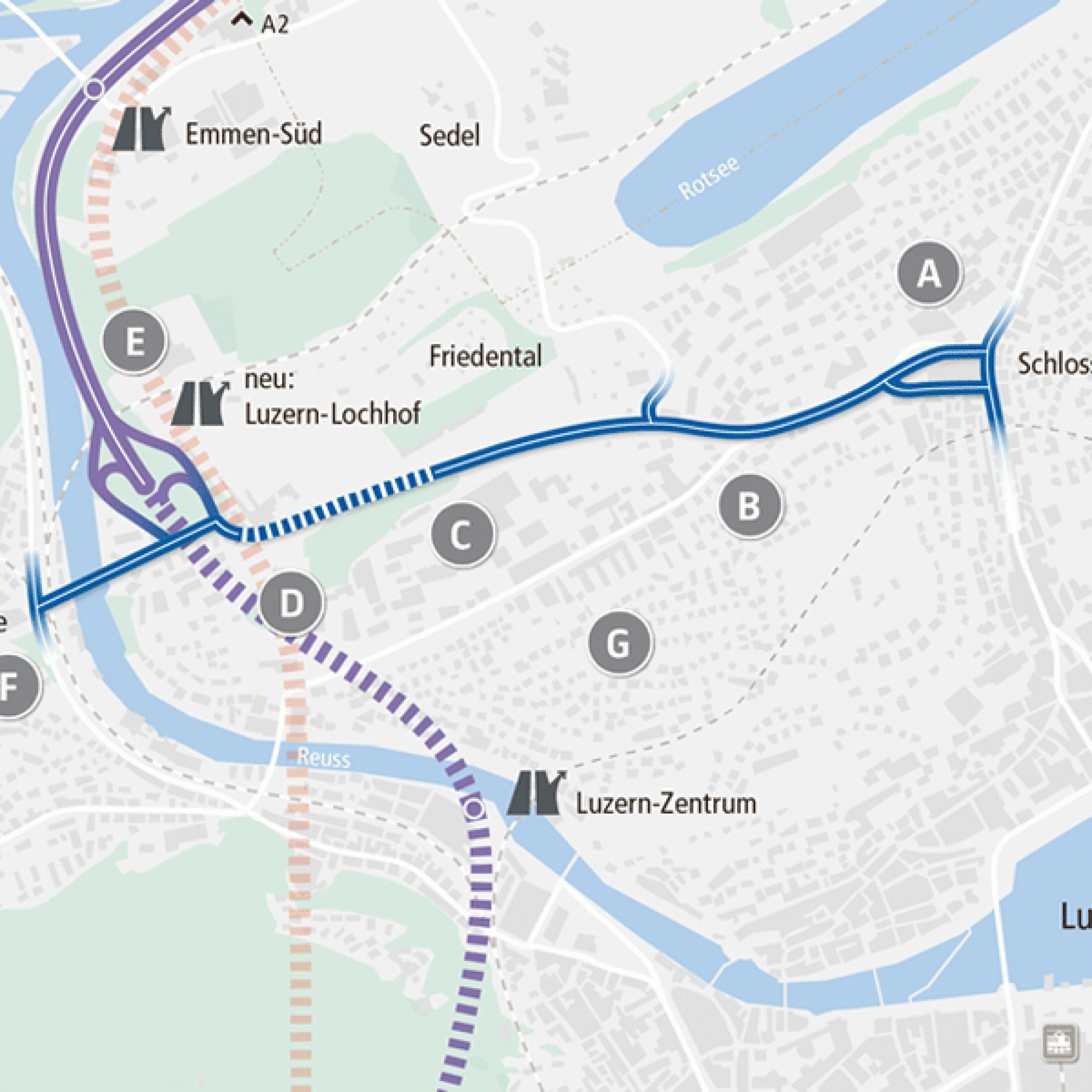 Die geplante Linienführung der Spange Nord (blau) als Teil des Bypasses (rosa) und der Stadtautobahn (violett): Im Bereich Schlossberg (A) sind Ampeln vorgesehen. Der Knoten Rosenberg bis zum Einmünder in die Sedelstrasse wird umgestaltet (B). Von hier au