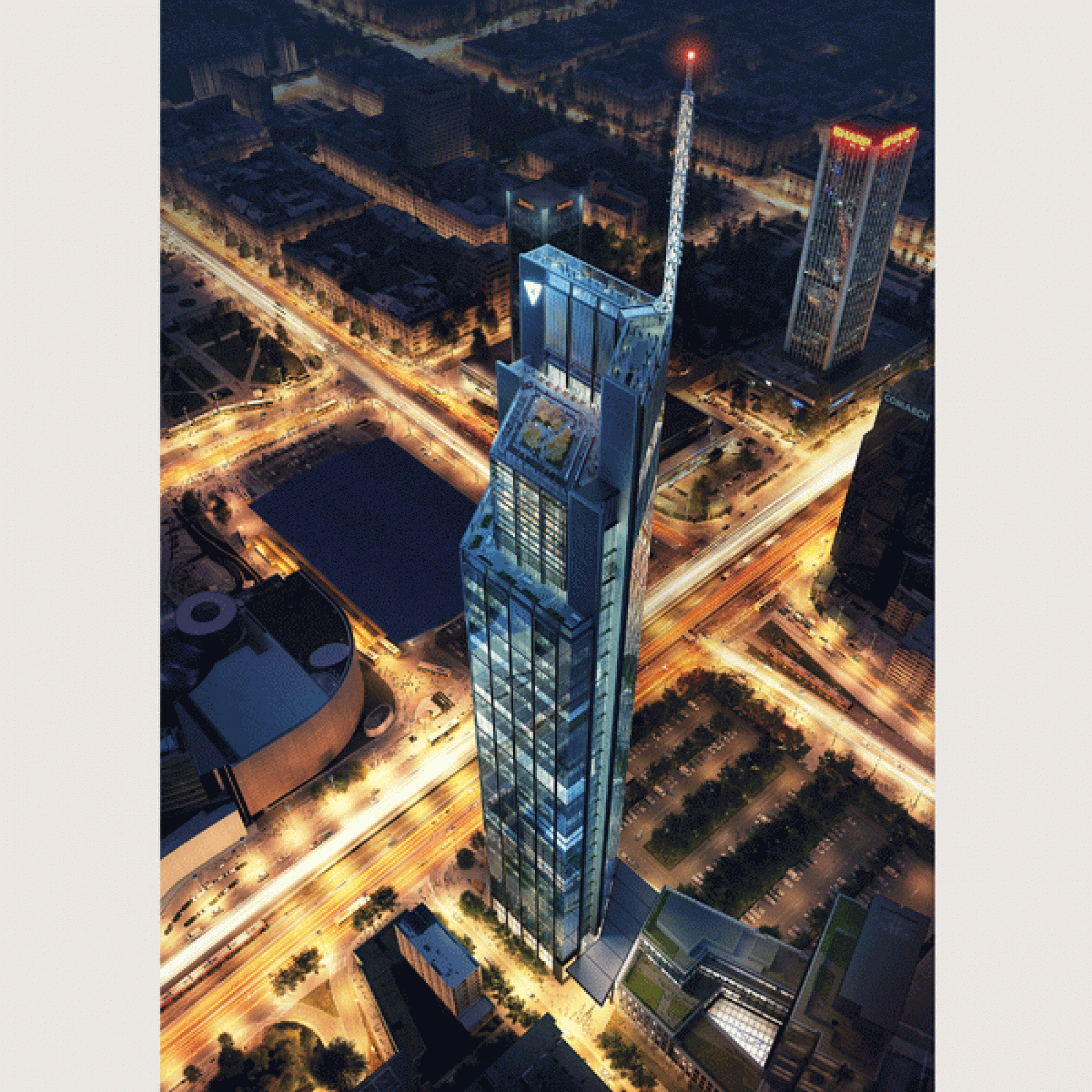 Der von Foster + Partner entworfene Varso-Tower bei Nacht.