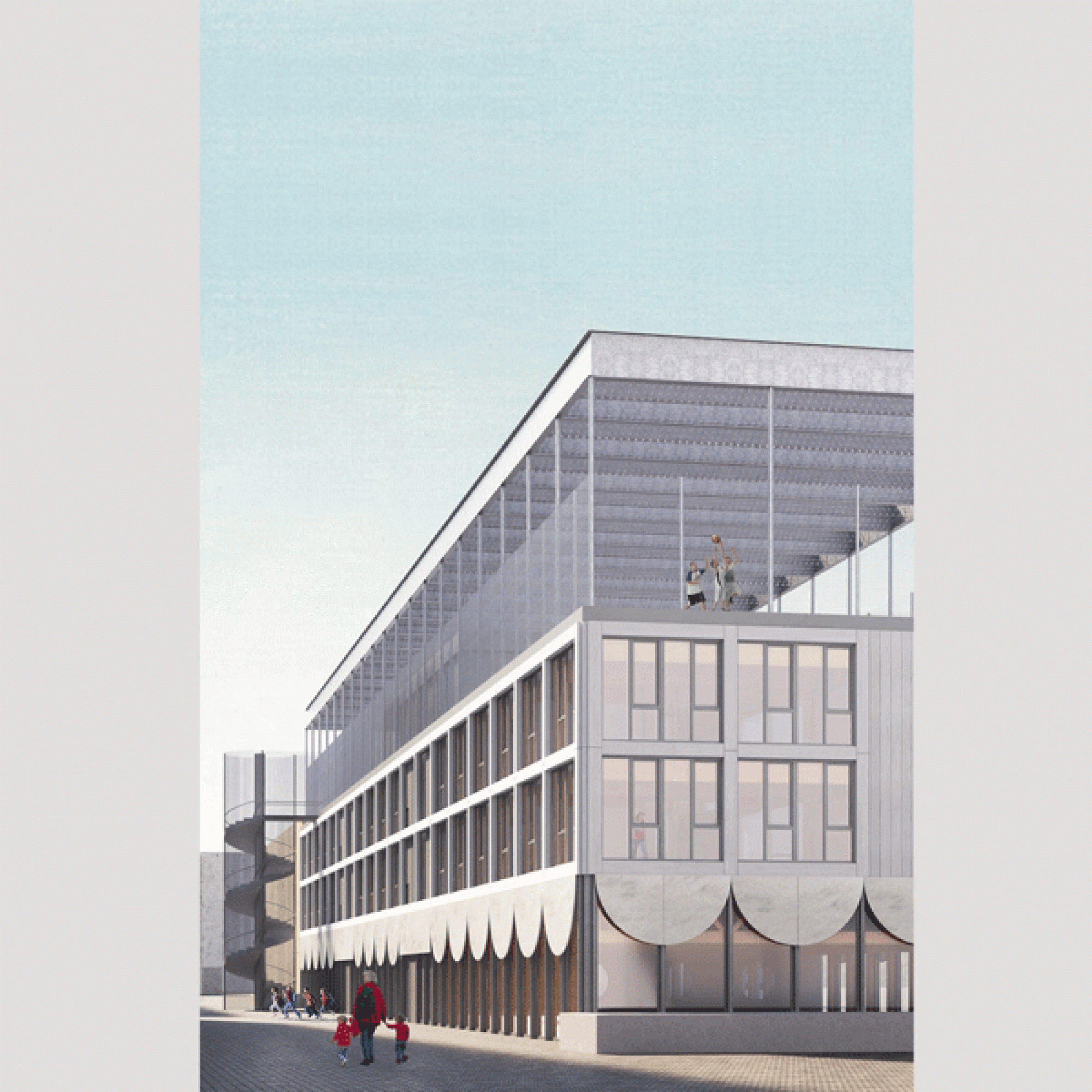Weil die Parzelle relativ klein ist, soll die Turnhalle auf dem Dach des Schulhauses realisiert werden. (Visualisierungen zvg)