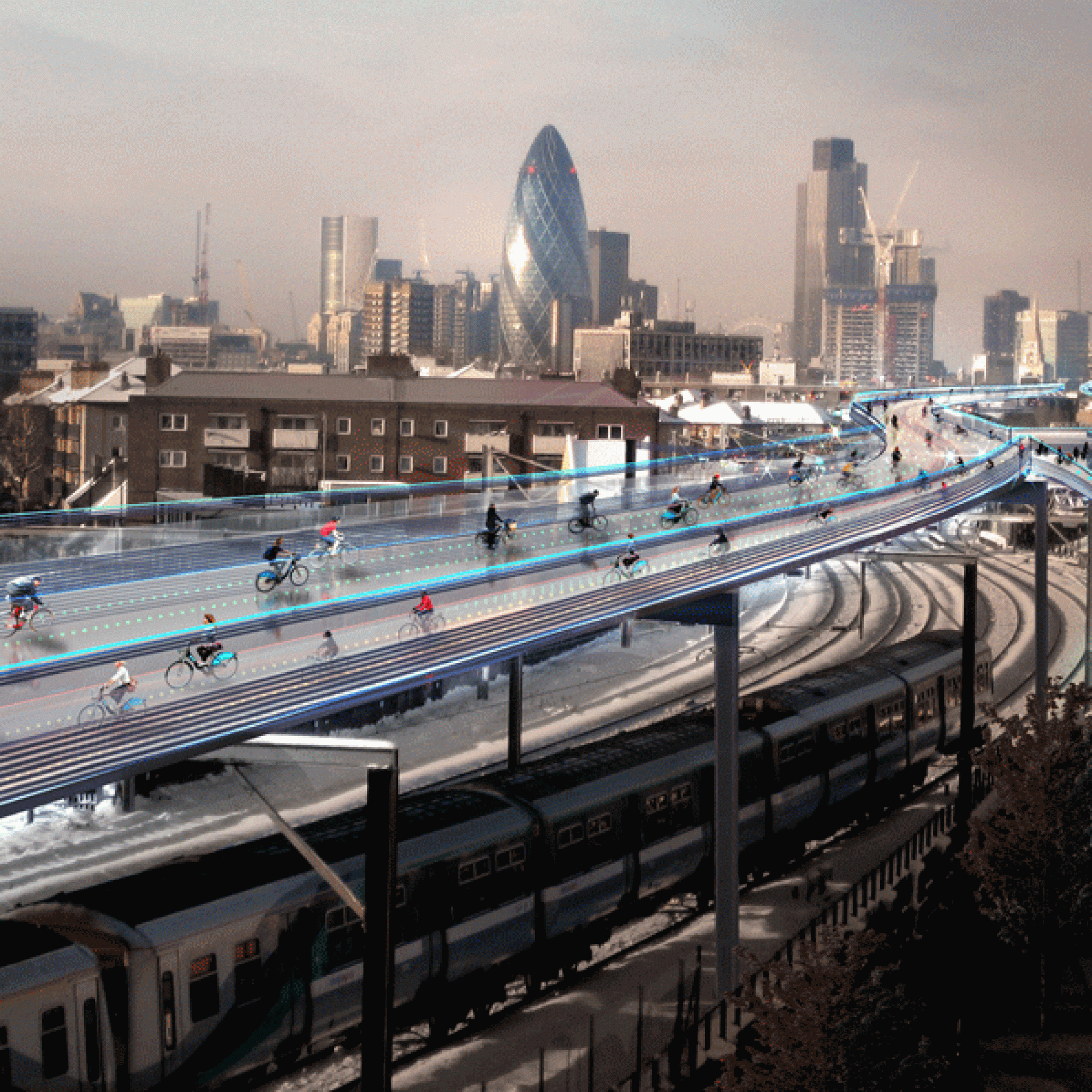 SkyCycle von Norman Foster. Die Vision sieht über Londons Fernbahn- und U-Bahn-Trasses Hochstrassen für Velos vor. 220 km, mehr als 200 Auf- und Abfahrten mit separaten Spuren für schnellen und langsamen Veloverkehr.