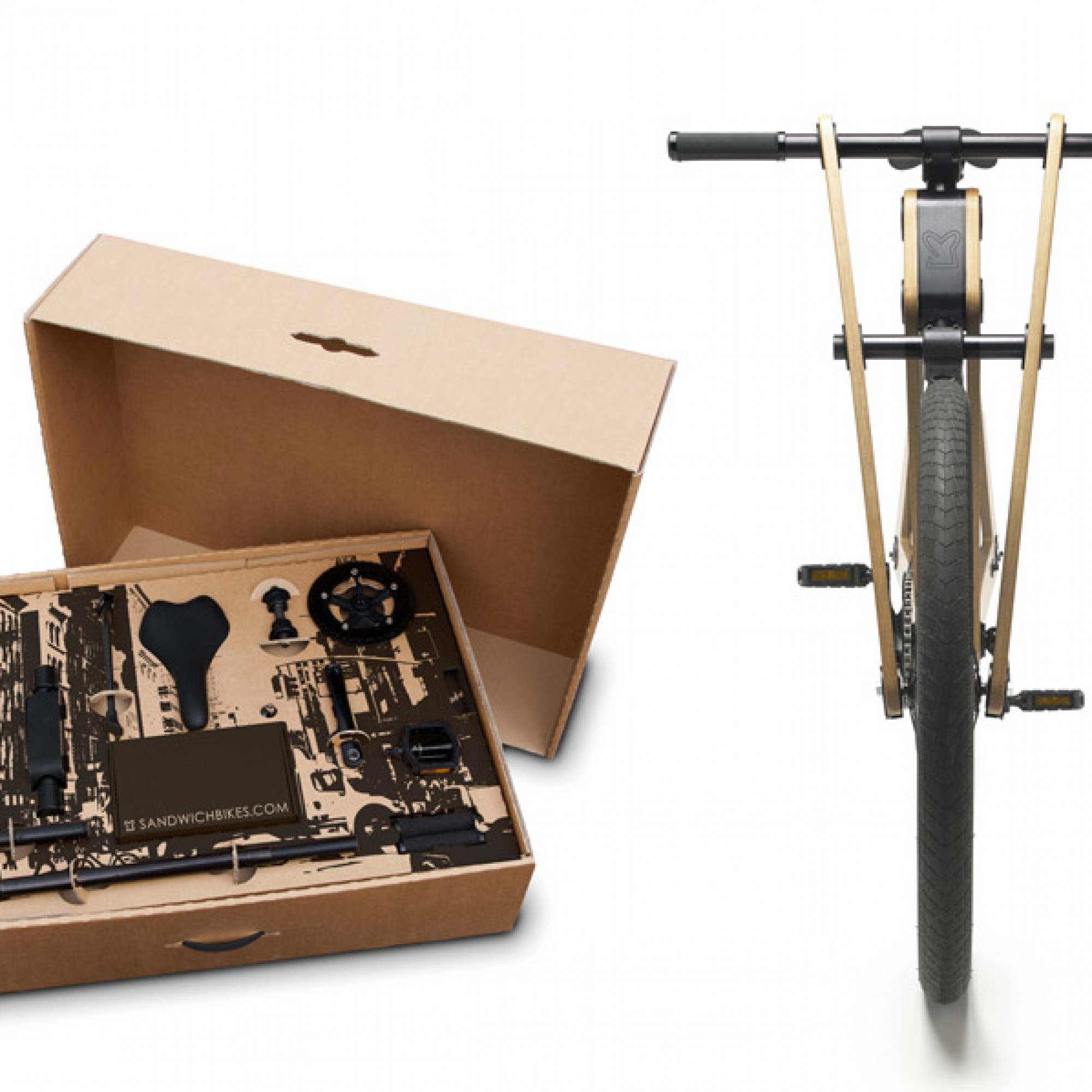 Do-it-yourself-Bausatz für Sandwichbike aus Holz. Die Do-it-yourself-Welle hat auch die Fahrradfahrer erfasst. Der Bausatz wird in einer Schachtel per Post nach Hause geliefert und kann ohne zusätzliches Werkzeug montiert werden.