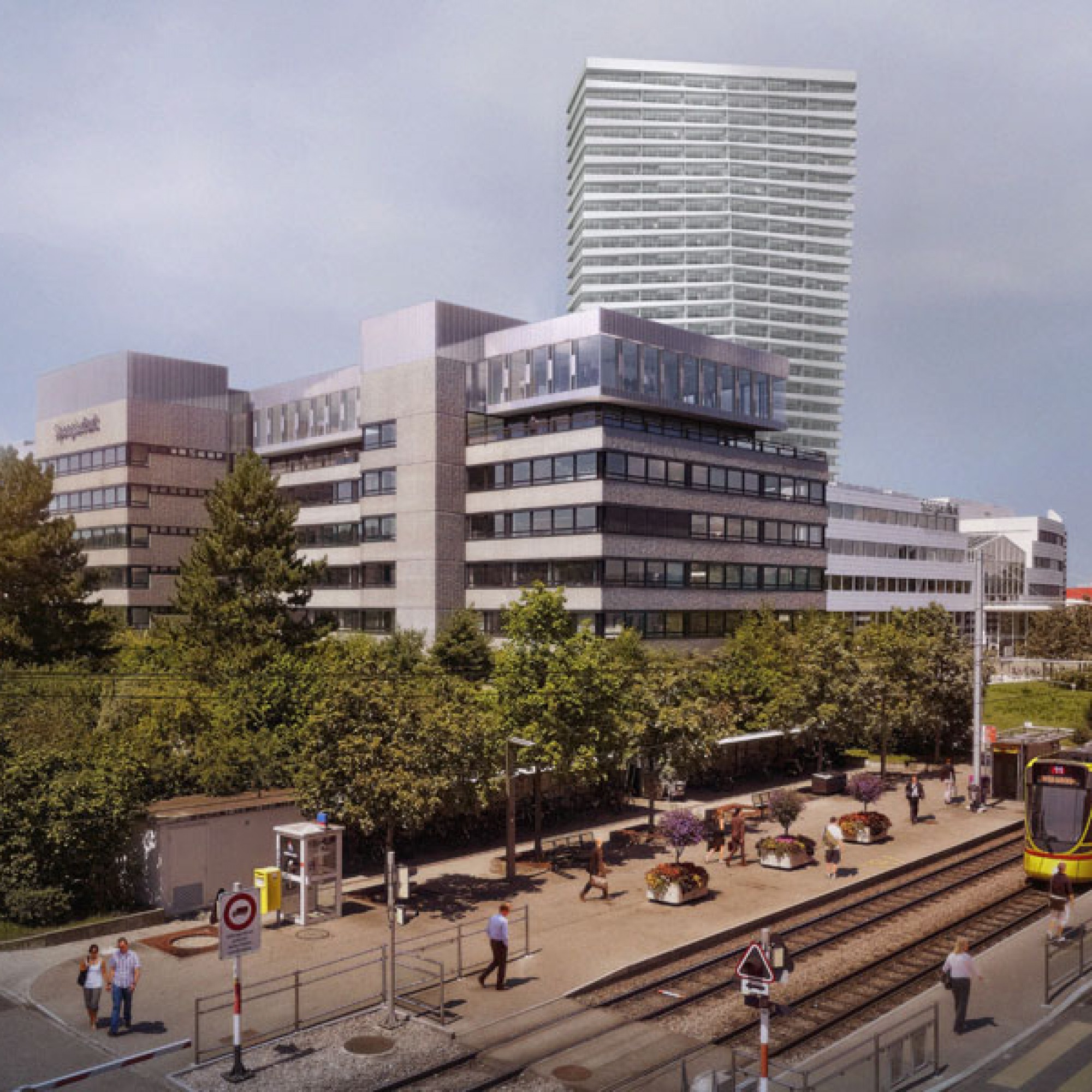 Die Visualisierung zeigt im Vordergrund die Tramstation, dahinter den Spenglerpark mit dem geplanten Hochhaus (zvg)