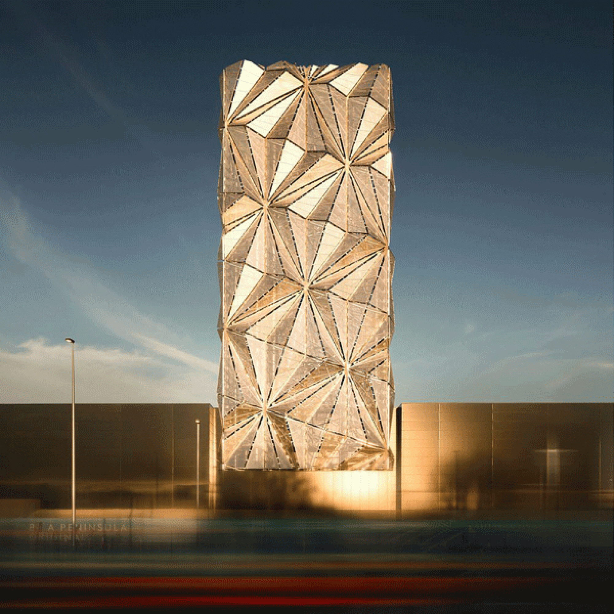 Der Schornstein ist golden verkleidet. Entwickelt wurde die Skulptur namens „The Optic Cloak“ vom britischen Künstler Conrad Shawcross.