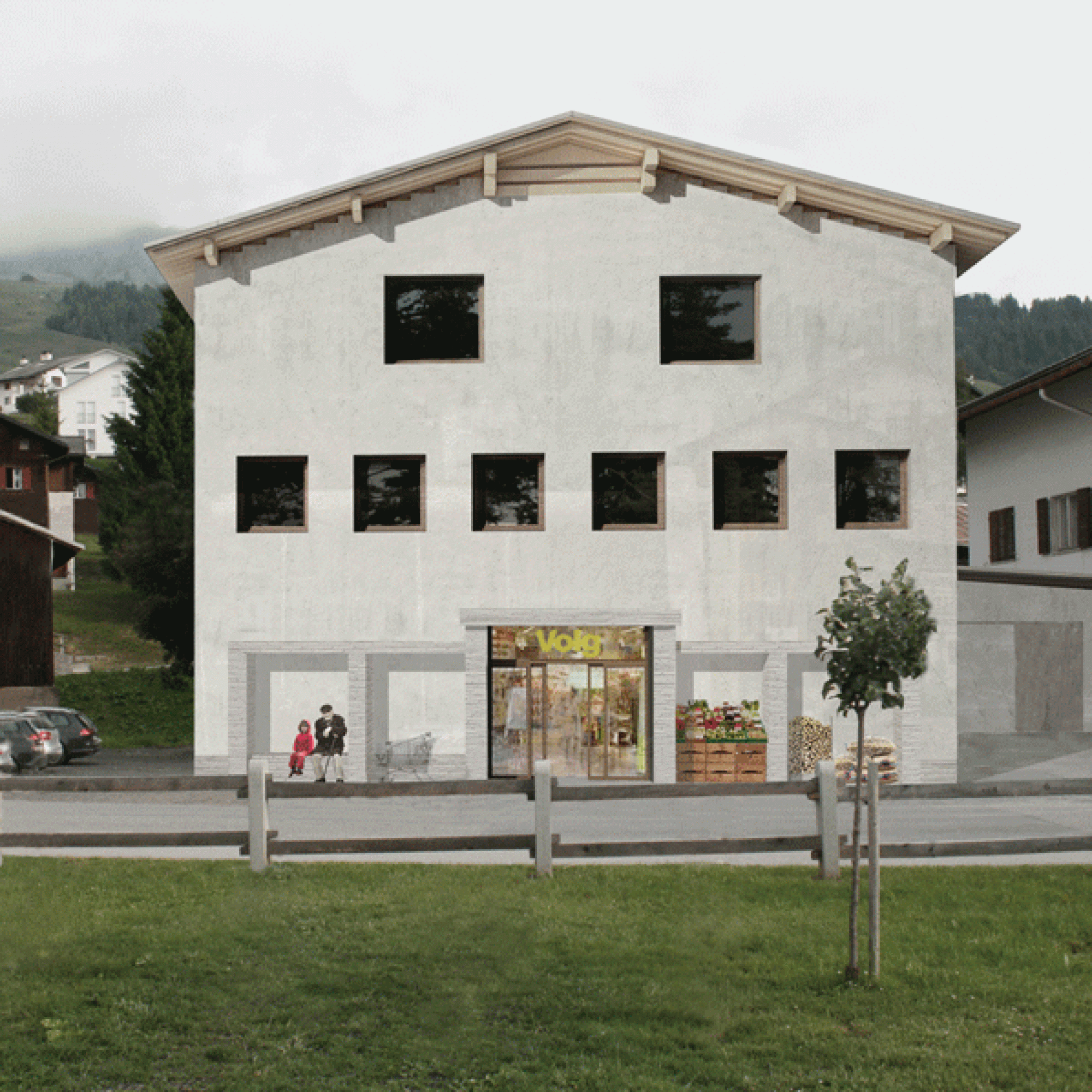 So harmonisch wird sich der Dorfladen ins bestehende Ortsbild von Vella GR einfügen. (Visualisierung: Architekturbüro Caminada, Vrin)