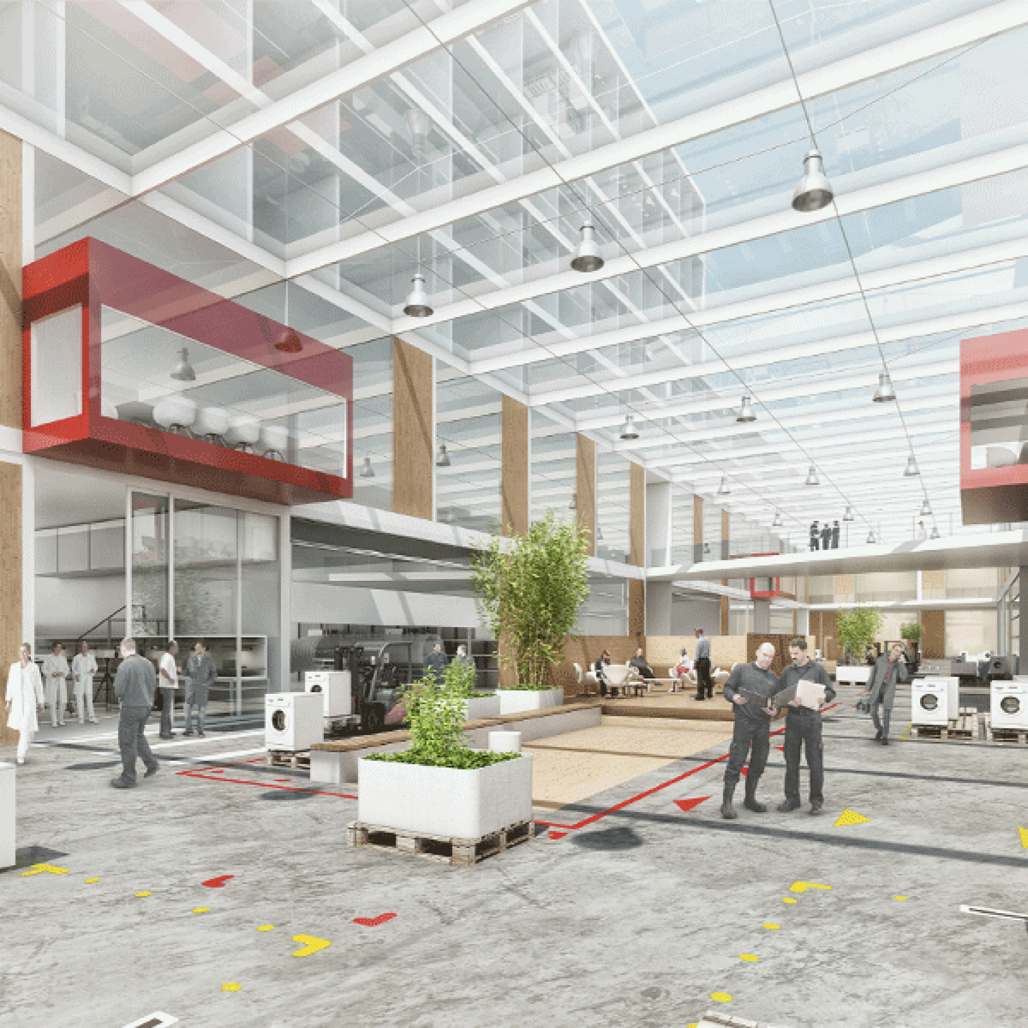 Der mögliche neue V-Zug-Standort wurde in der siegreichen Studie als Bau konzipiert, der diverse Bereiche sowohl in der vertikalen wie auch horizontalen Dimension verbindet: Empfang, Ausstellung und Verkauf, Labor, Büro und Produktionshallen.