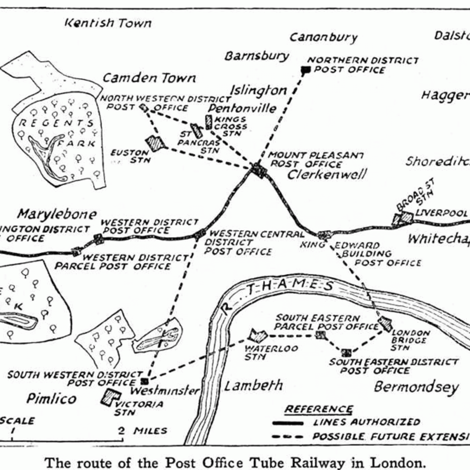 Eine alte Karte des kompletten Postbahn-Systems in London. (Bild: Gemeinfrei)