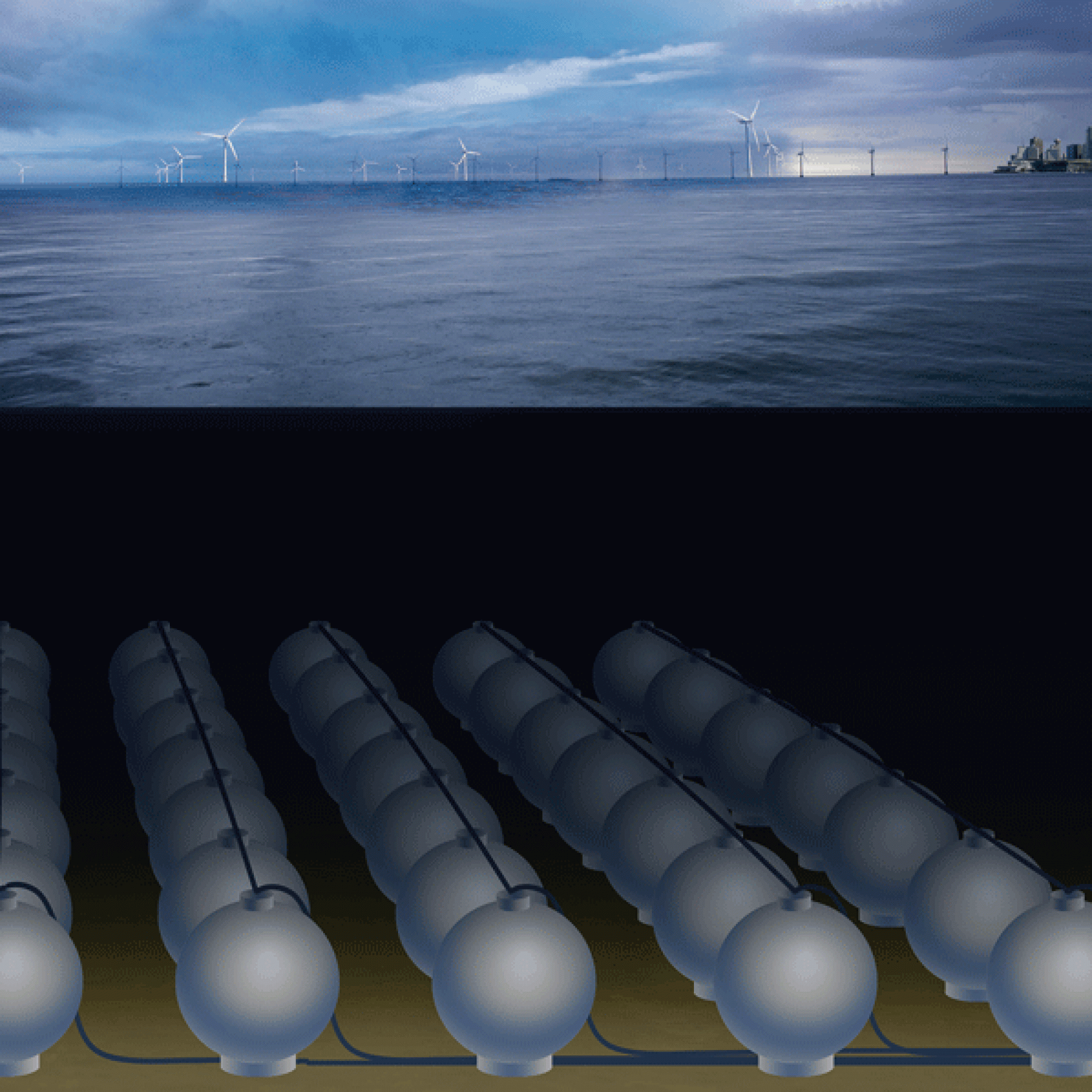 Konzept für ein Meeres-Pumpspeicherkraftwerk mit vielen Kugelspeichern (zirka 30 Meter Durchmesser) in 600 bis 800 Metern Wassertiefe zur Zwischenspeicherung von Offshore-Strom.