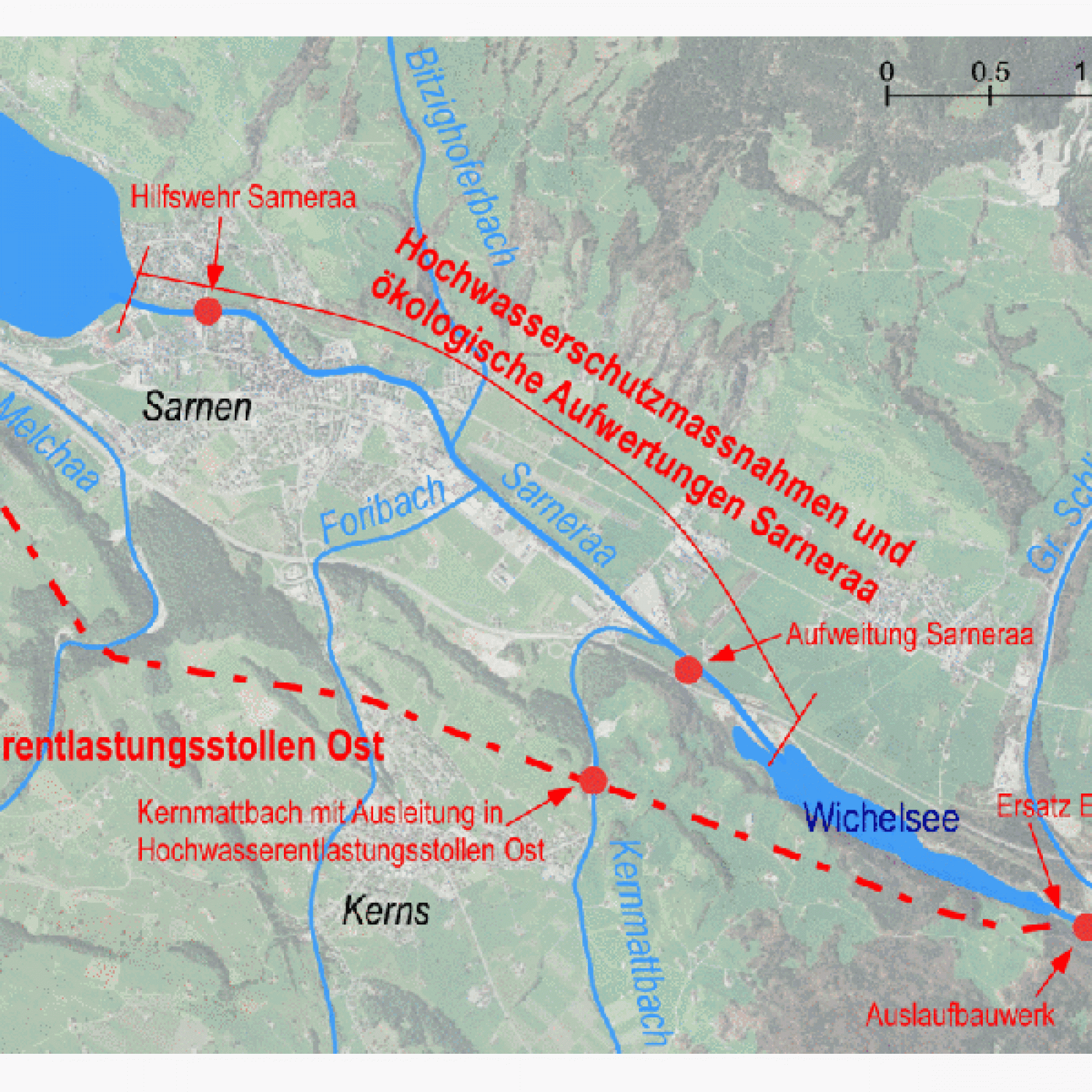 Situationsplan Projekt «Sarneraa mit Hochwasserentlastungsstollen Ost». (Bild: zvg)