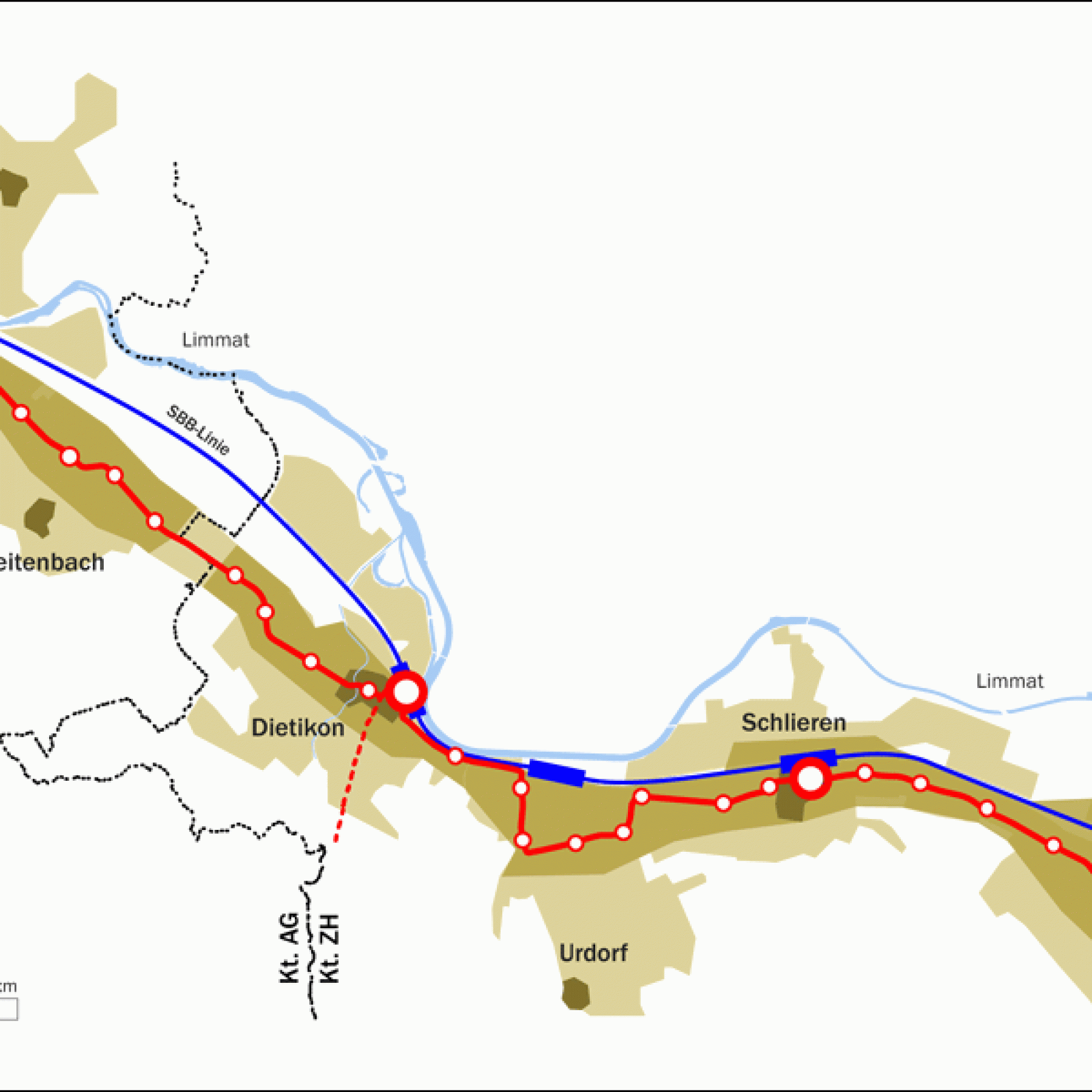 Die schematische Linienführung der Limmattalbahn. (Bild: zvg)