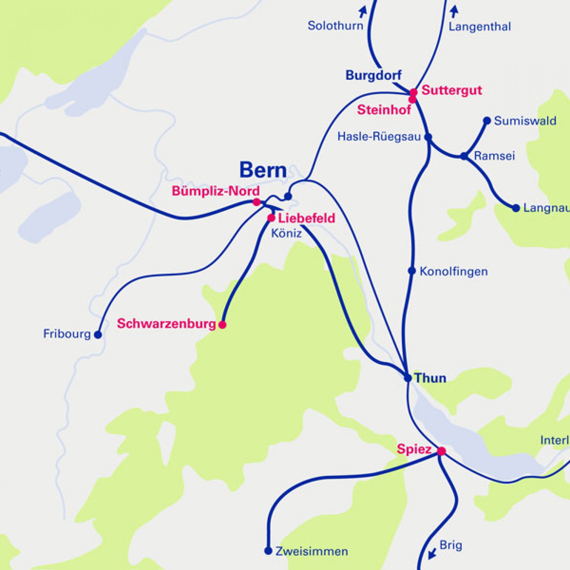 Für diese ehemaligen Bahnareale (pink eingefärbt) sieht die BLS AG Entwicklungspotenzial. (Grafik zvg)