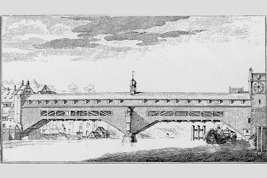 Eine Zeichnung der Rheinbrücke in Schaffhausen, welche 1758 realisiert und 1799 zerstört wurde.
